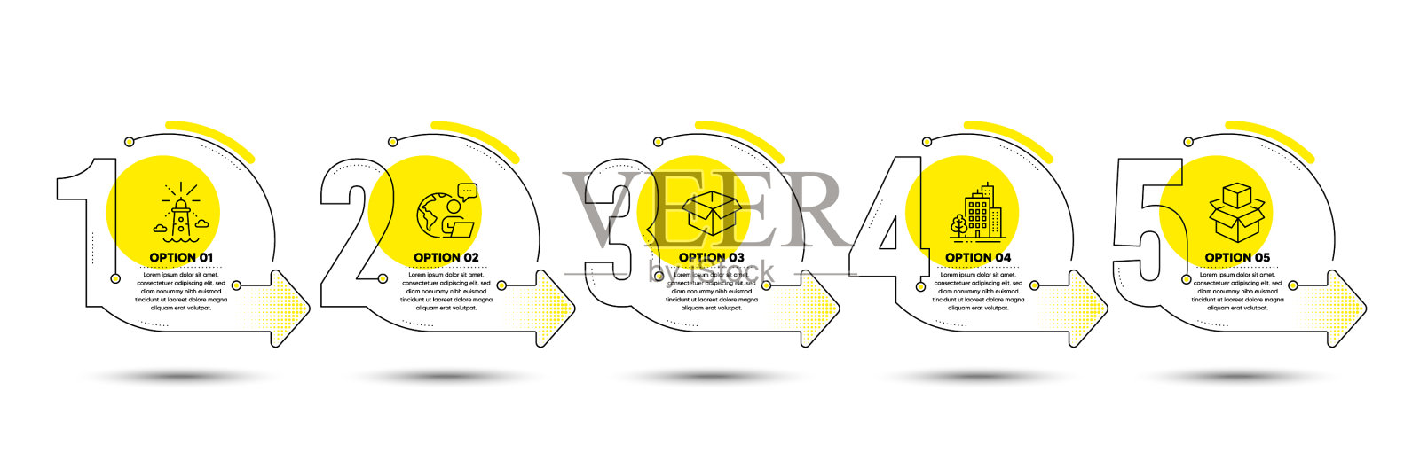 打开盒子灯塔和建筑物图标集设计元素图片