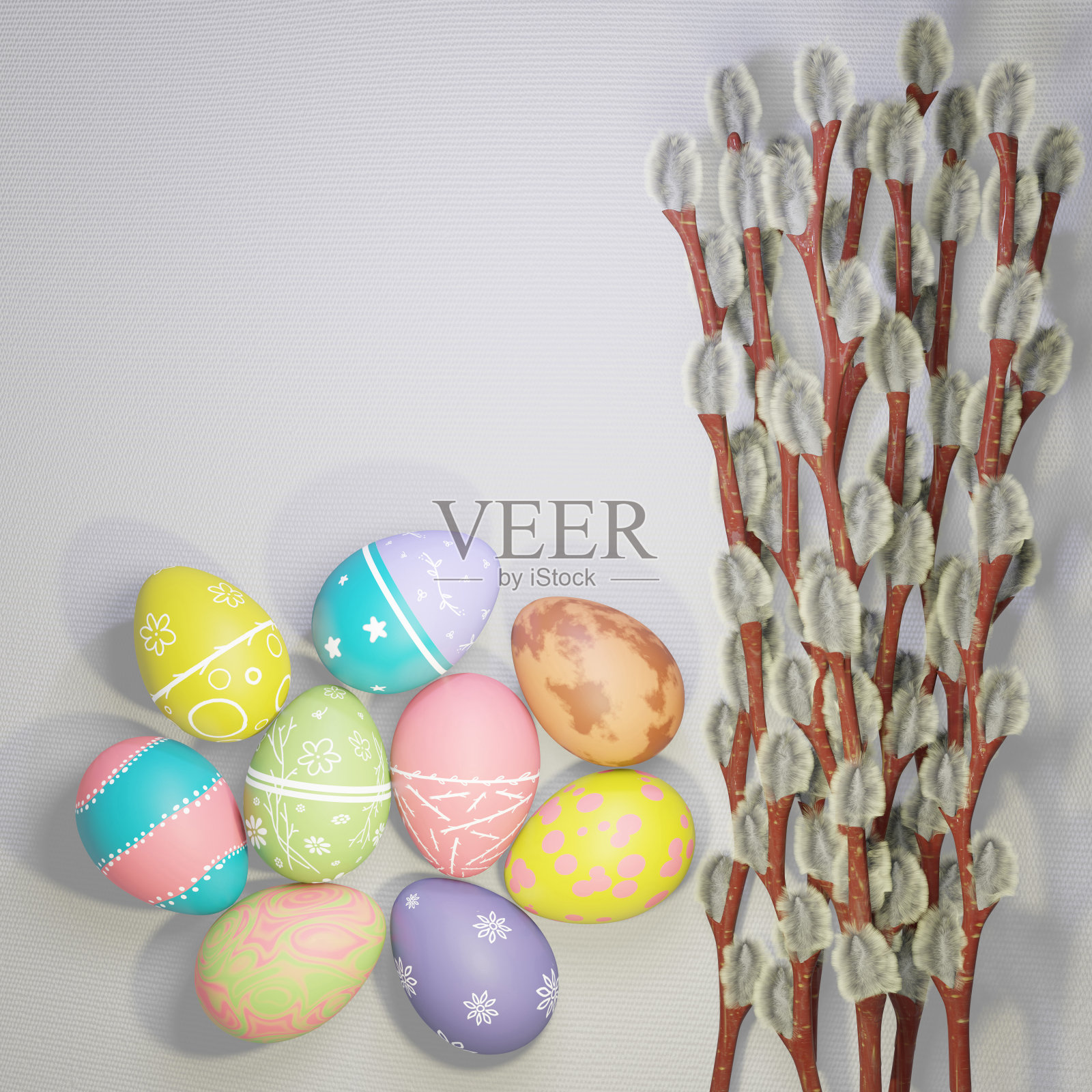 三维插图柳枝柳絮,复活节蛋和复制空间。照片摄影图片