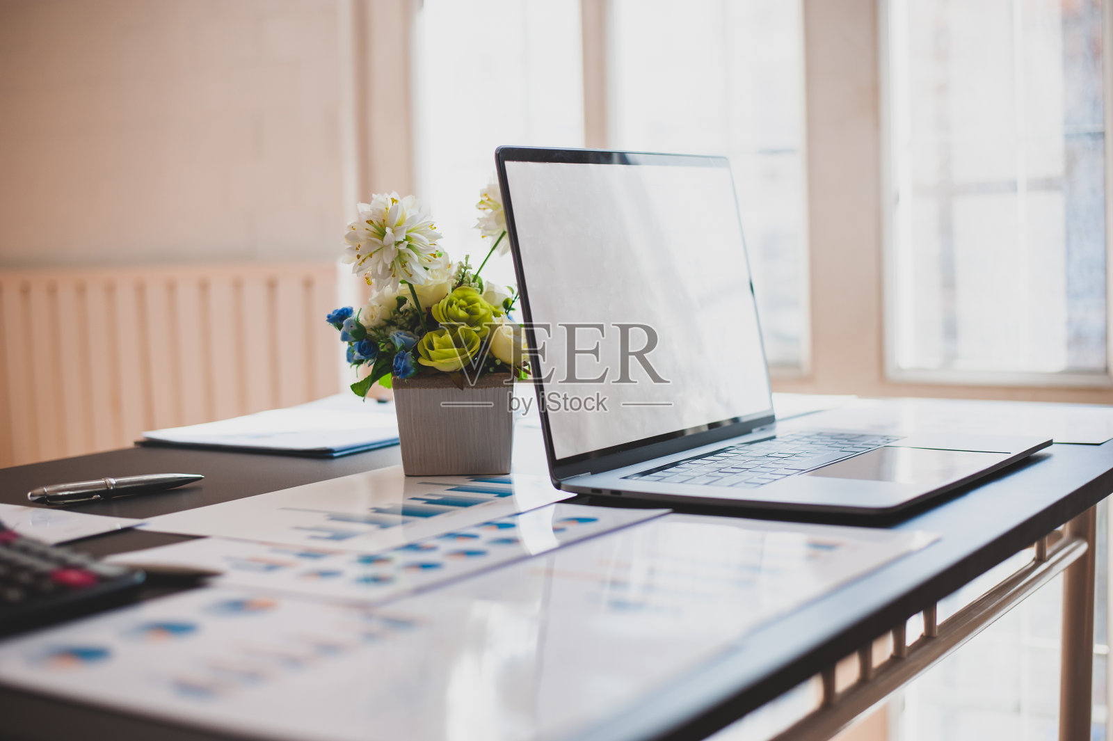 桌上的笔记本电脑和业务分析报表。照片摄影图片