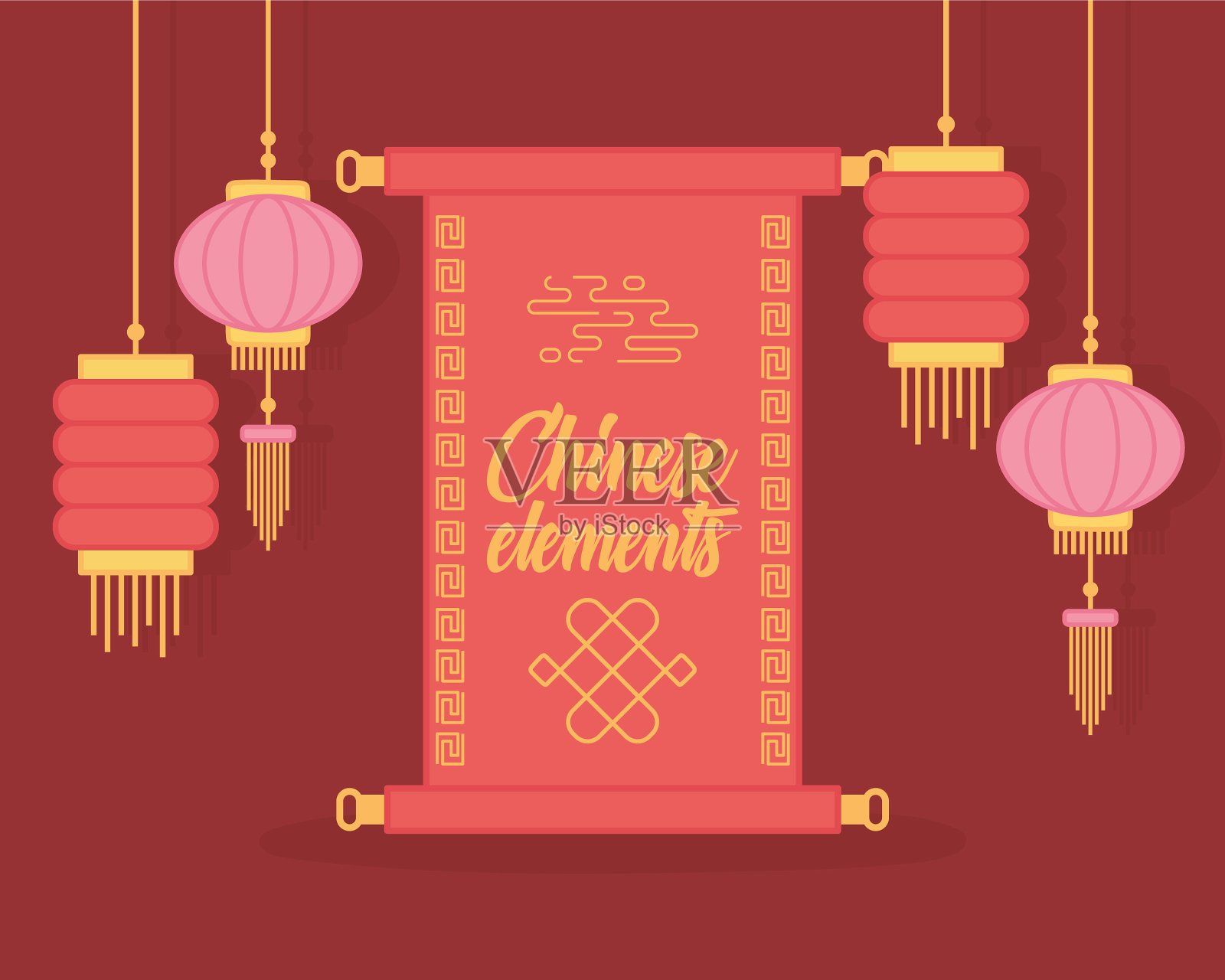 卷轴和挂灯是东方元素插画图片素材