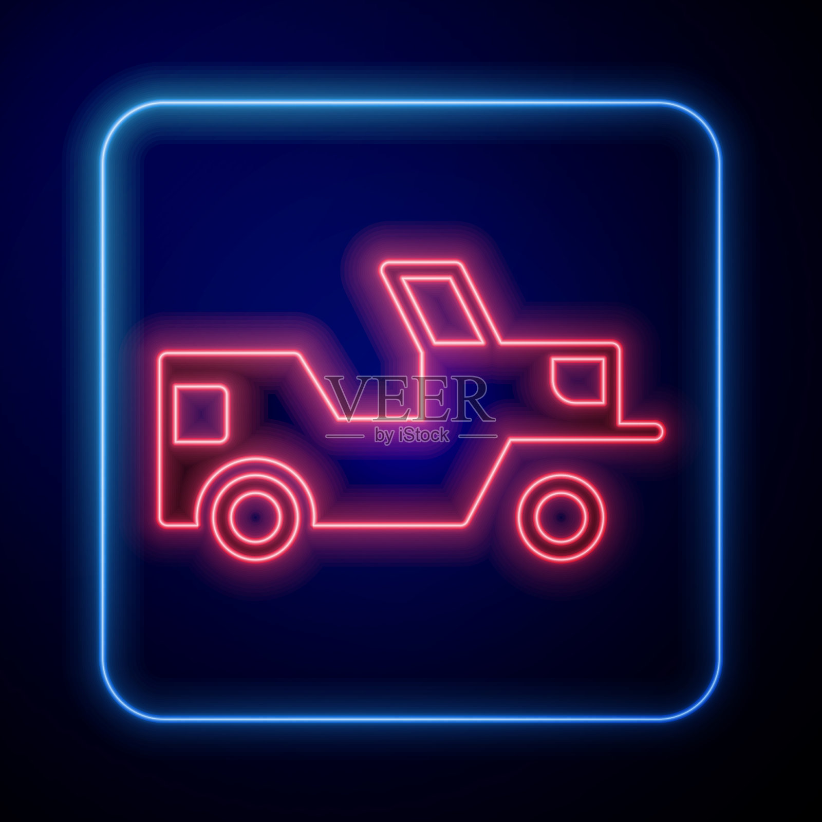 发光的霓虹灯军用吉普车图标孤立在蓝色插画图片素材