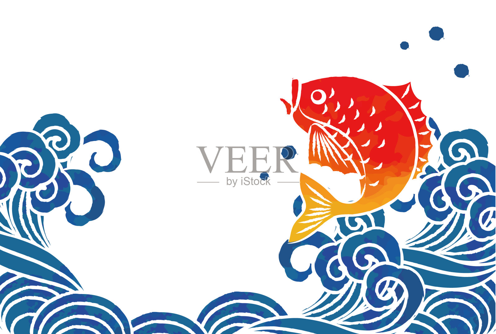 海啸和鱼打印风格矢量插图插画图片素材