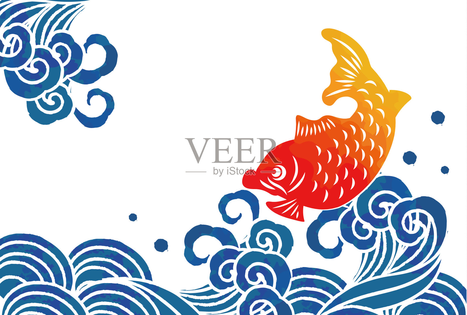 海啸和鱼打印风格矢量插图插画图片素材