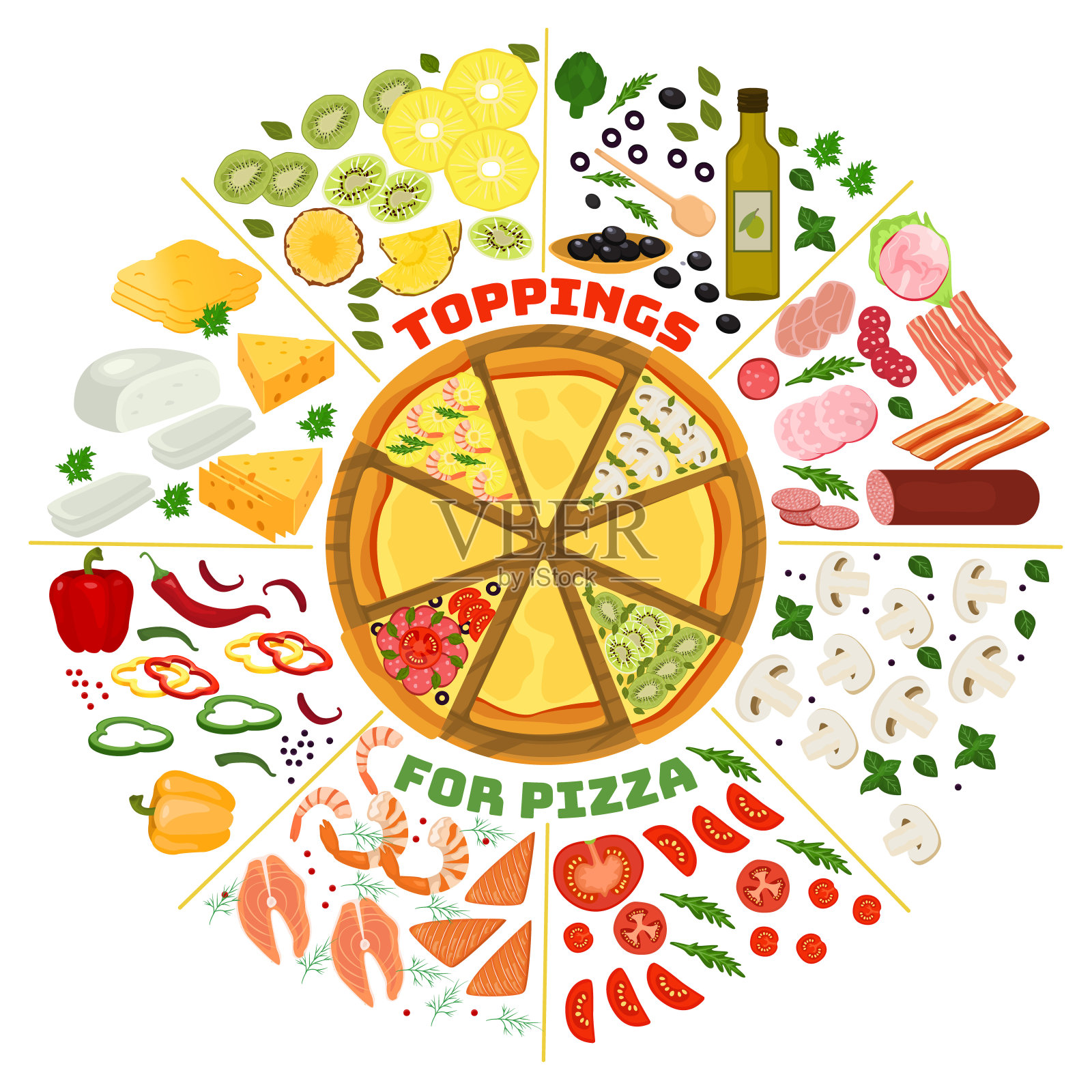 披萨配料卡通收集,矢量插图。木制托盘上的披萨,卡通餐桌上的美味热腾腾的晚餐。设计元素图片