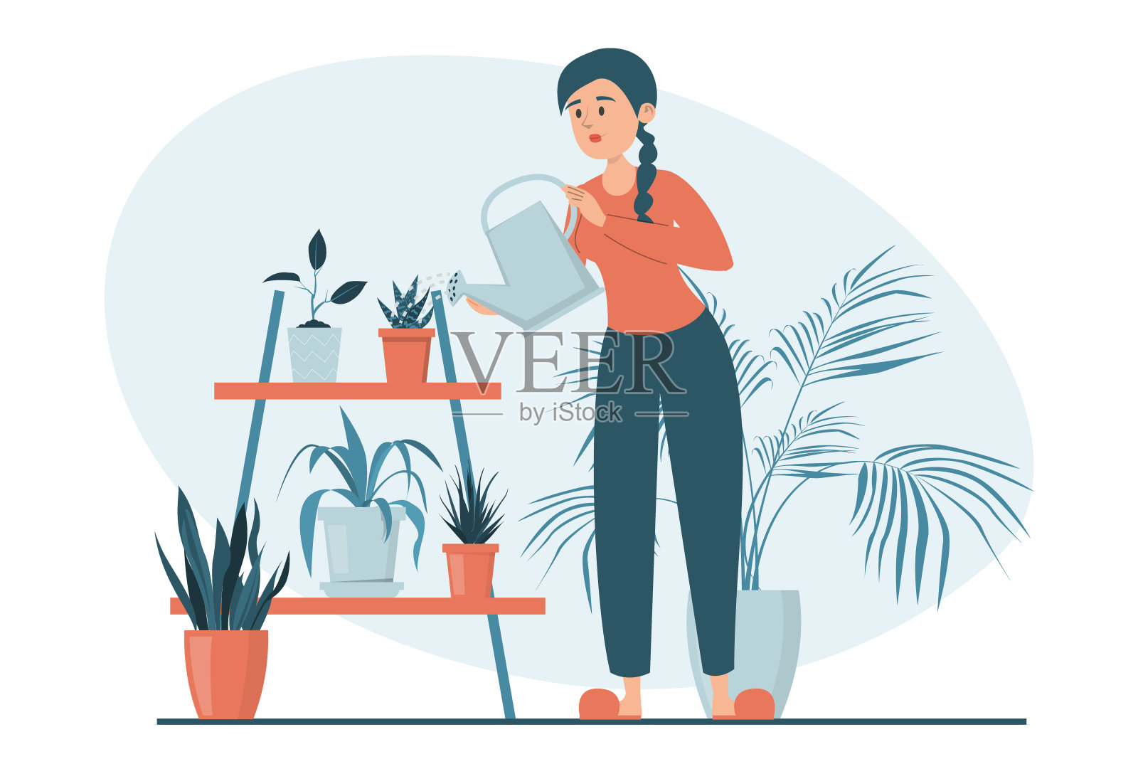 女人浇灌植物在花盆病媒隔离插画图片素材