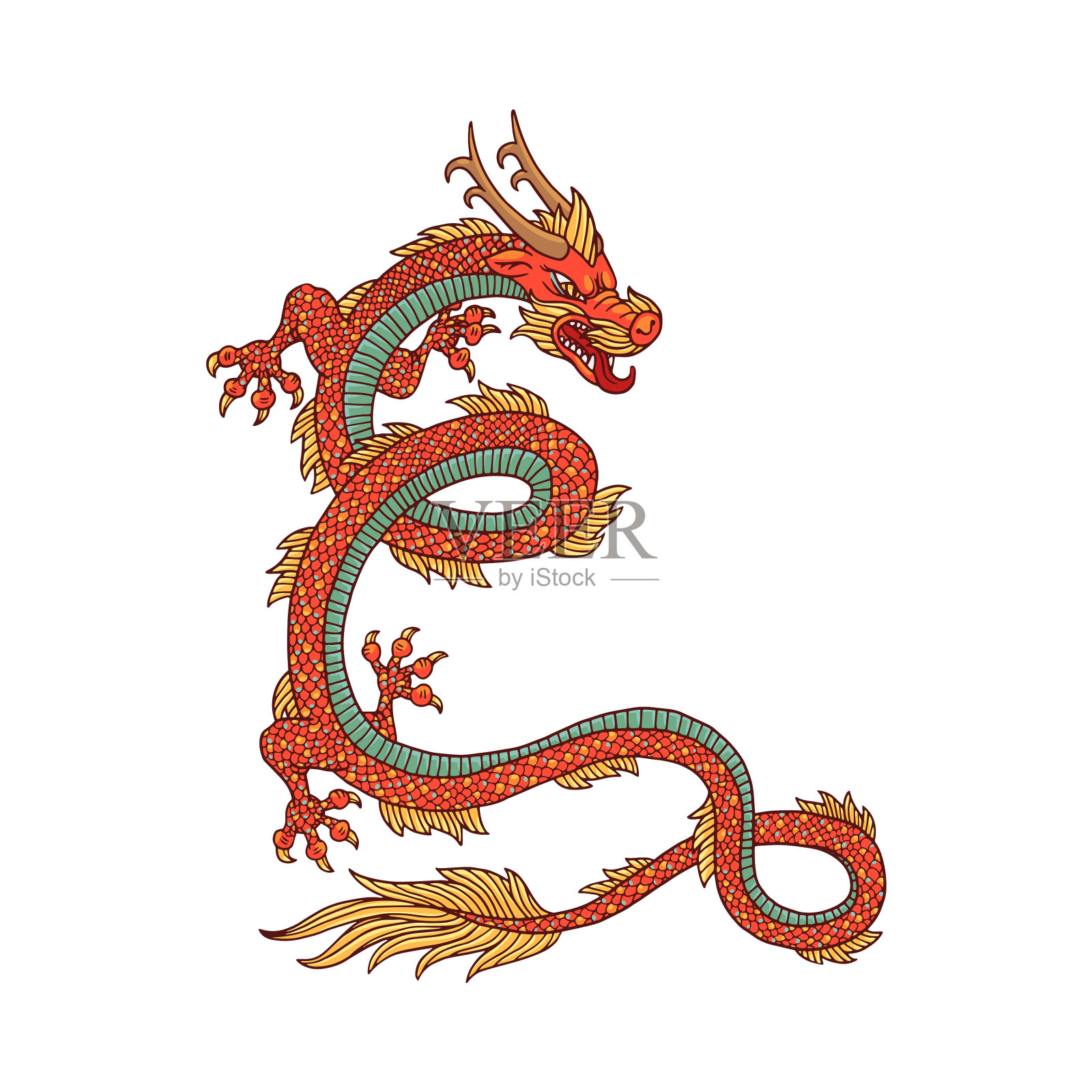 幻想中国龙与红色鳞片卡通设计元素图片