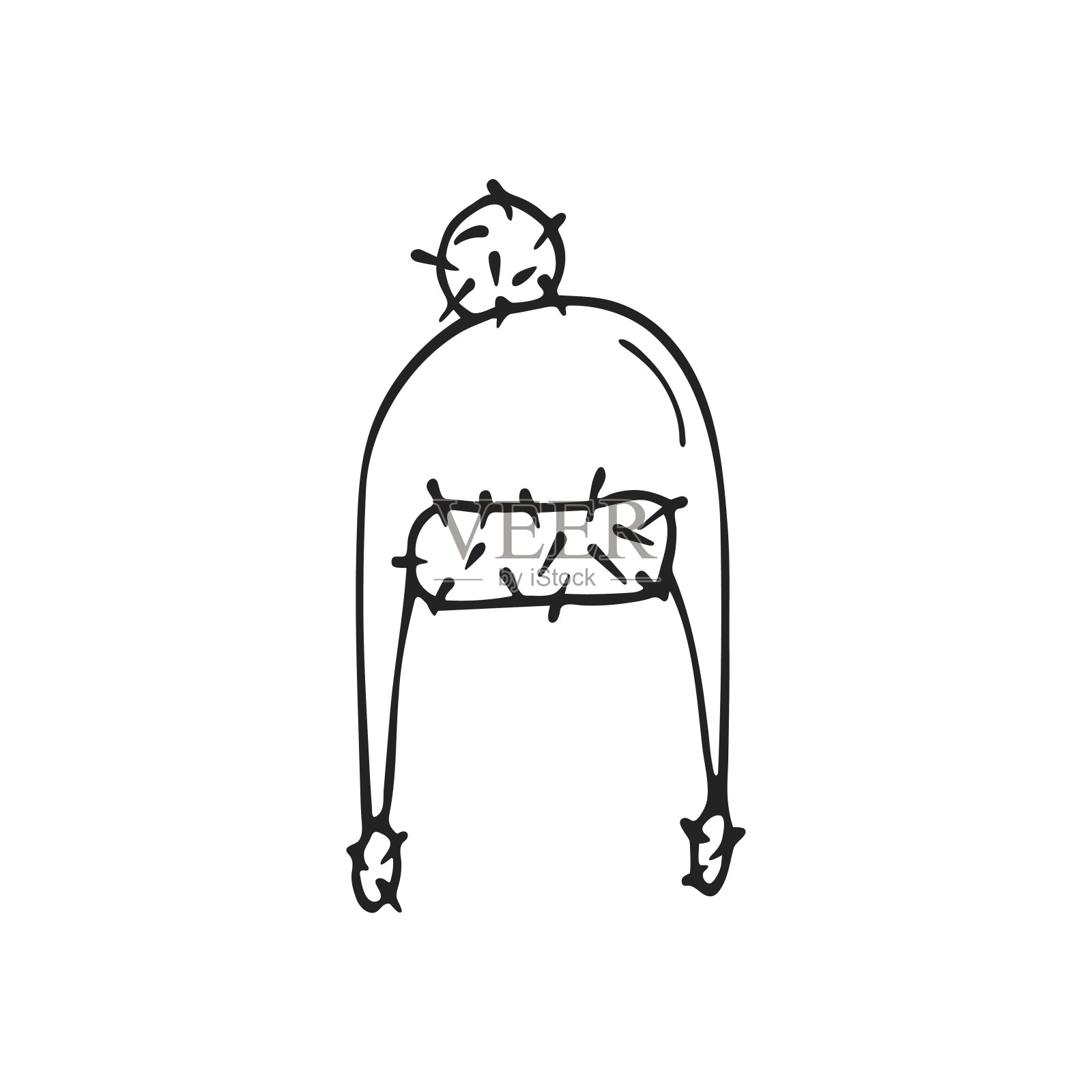 手绘拉绳冬季皮帽,单元素。图形涂鸦,素描,轮廓画孤立在白色。矢量图插画图片素材