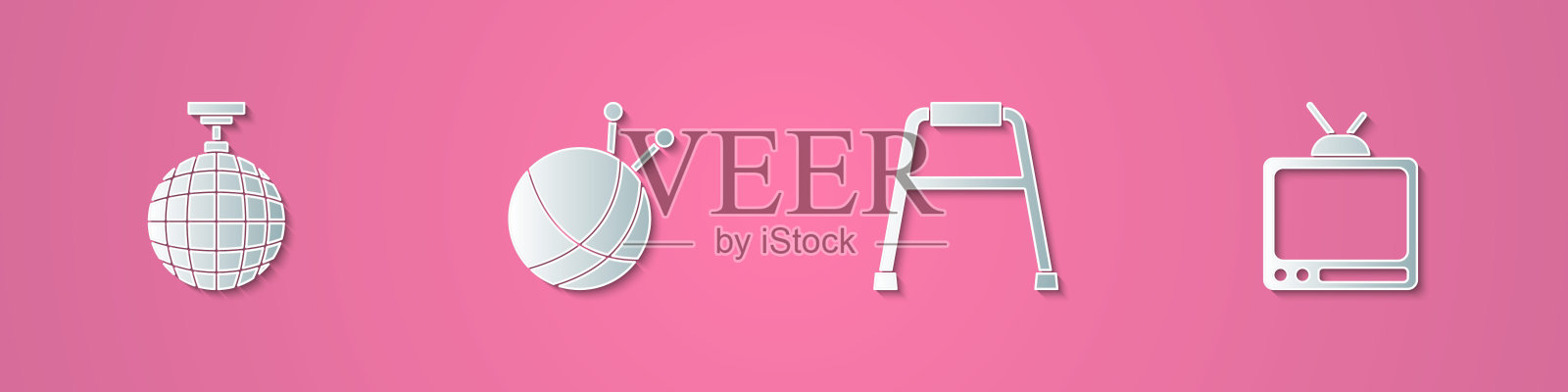 设置剪纸迪斯科球,纱线与编织针,沃克和复古电视图标。纸艺术风格。向量图标素材