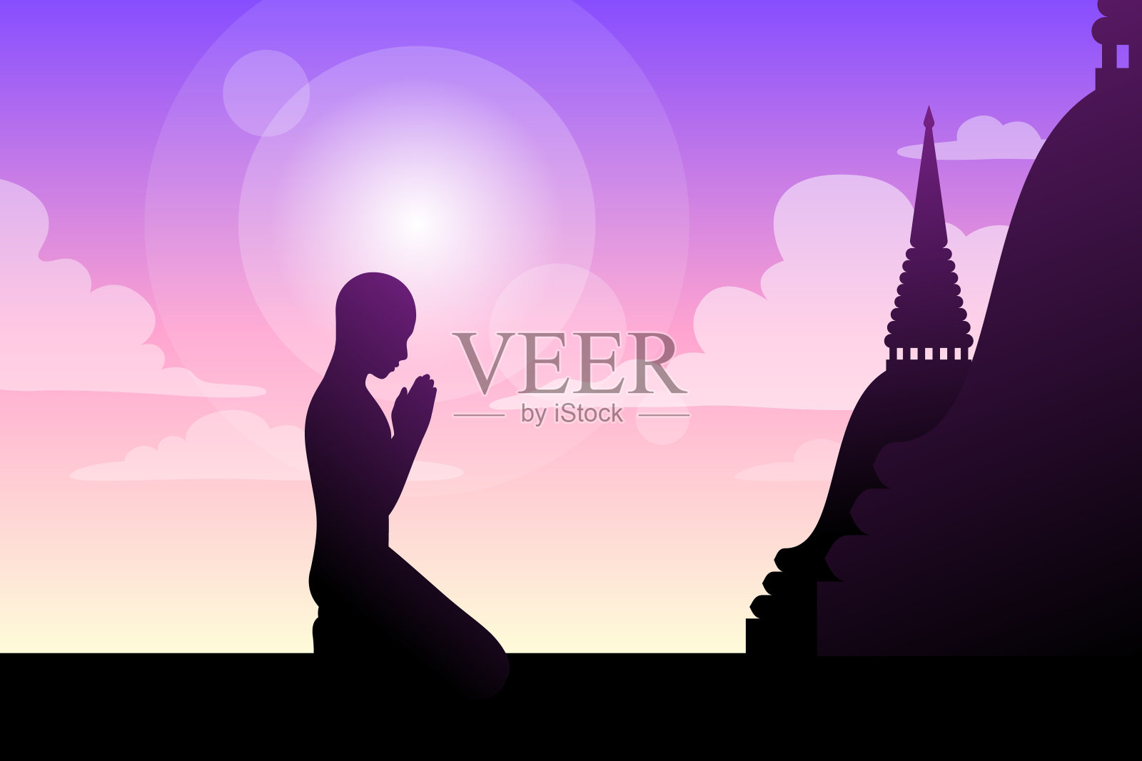 男人在幻想的塔上祈祷天空的背景插画图片素材