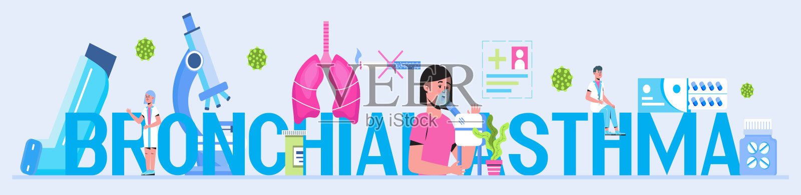 支气管炎概念矢量医疗网站,博客,标题。患有支气管哮喘的病人。如图所示为吸入器、雾化器。比喻肺结核,肺炎插画图片素材