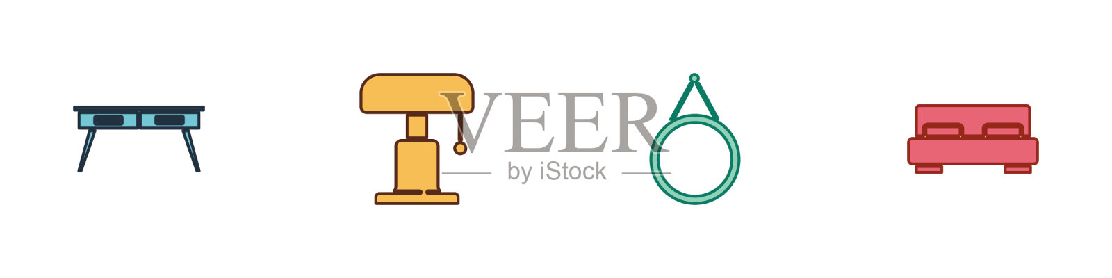 设置办公室书桌、台灯、镜子和大床图标素材