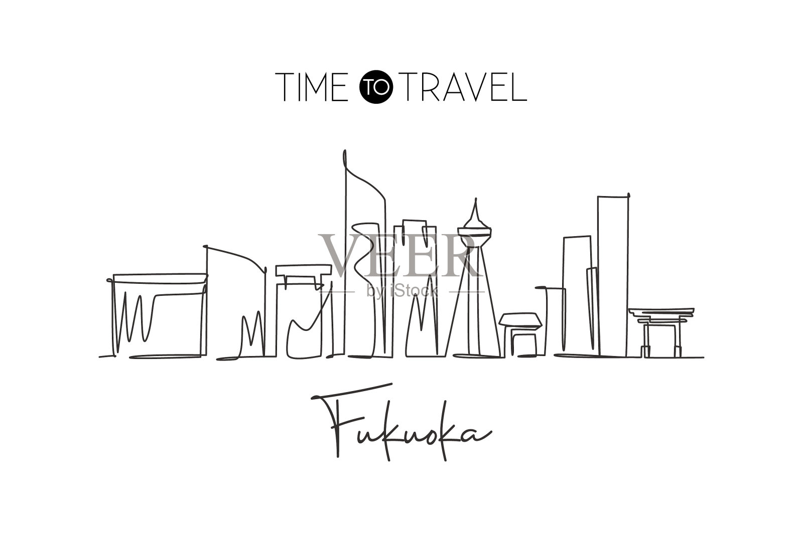 单线连续画福冈市插画图片素材