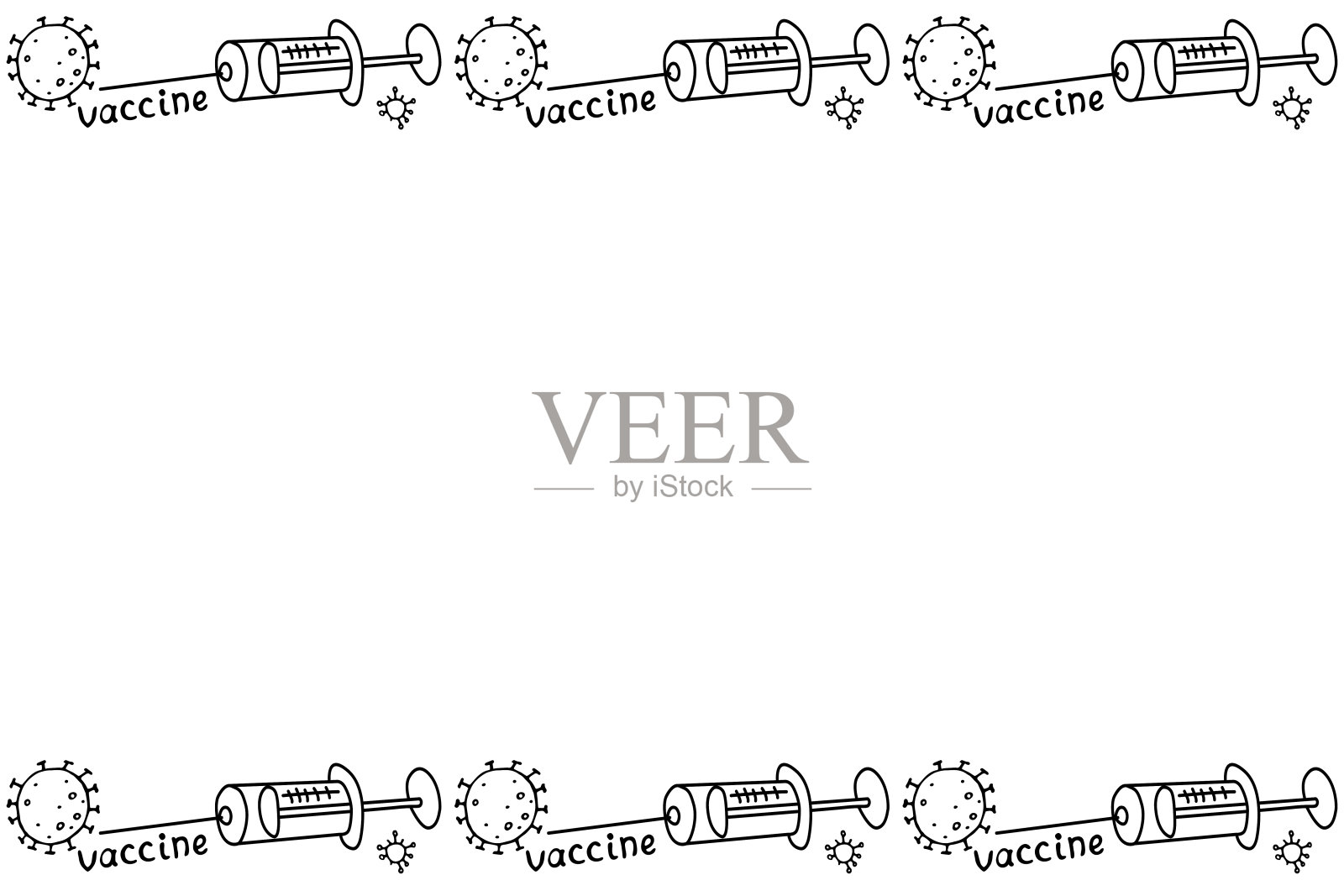 向量框架,边界上的主题接种。轮廓分子,冠状病毒细胞和疫苗注射器。水平的顶部和底部边缘,装饰,背景为医疗设计在涂鸦风格插画图片素材