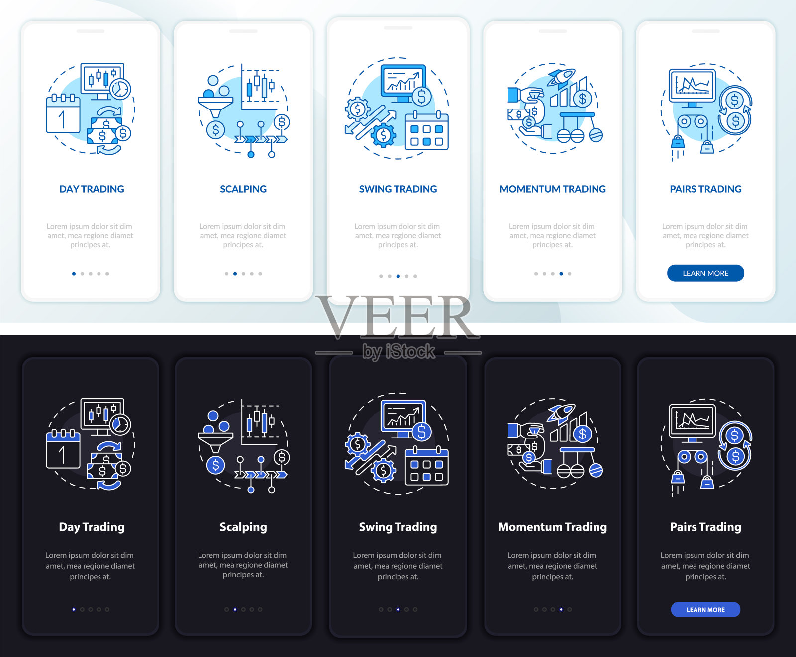 在带有概念的手机应用页面屏幕上交易风格设计模板素材