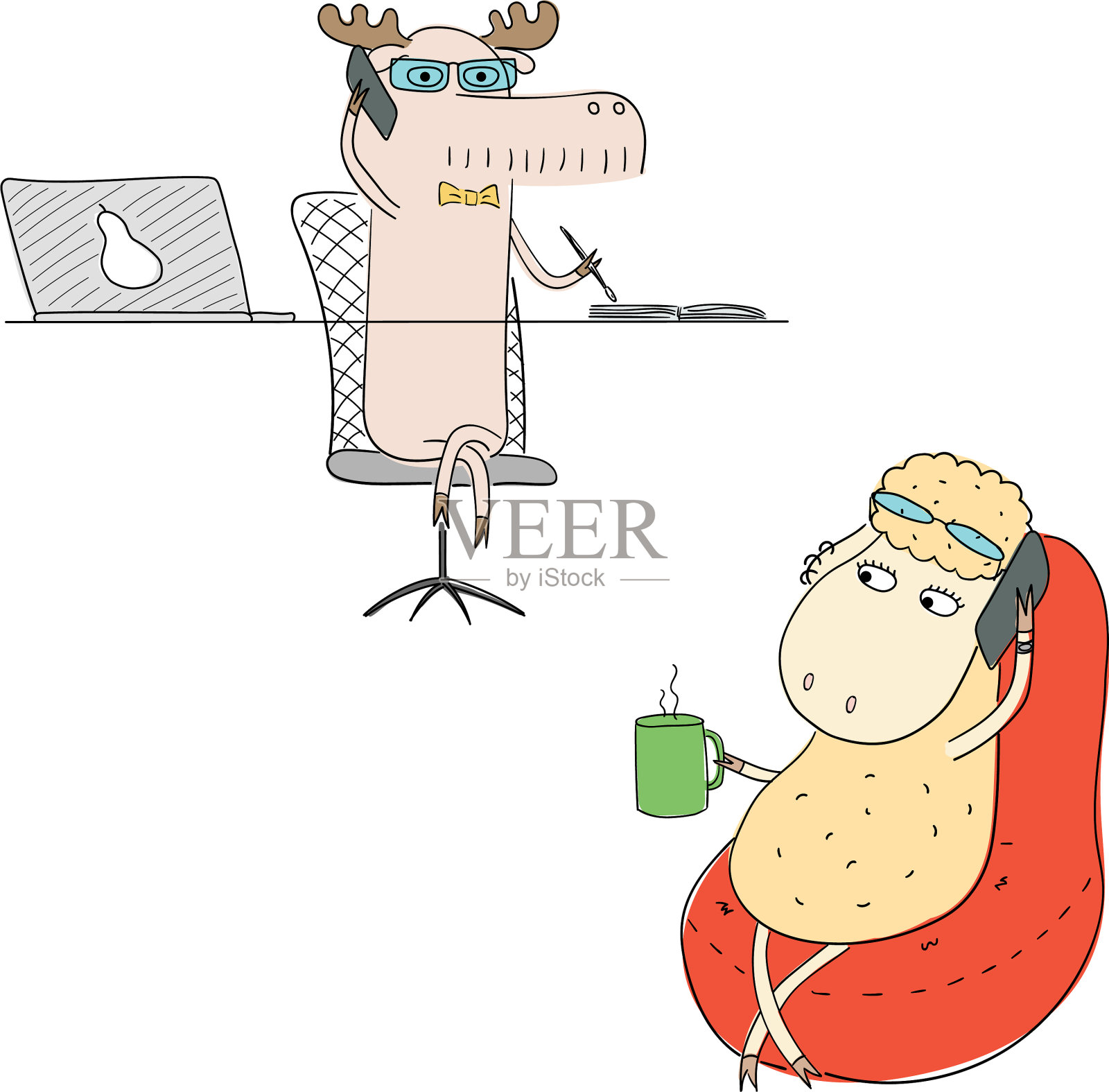 绵羊和驼鹿在打电话插画图片素材