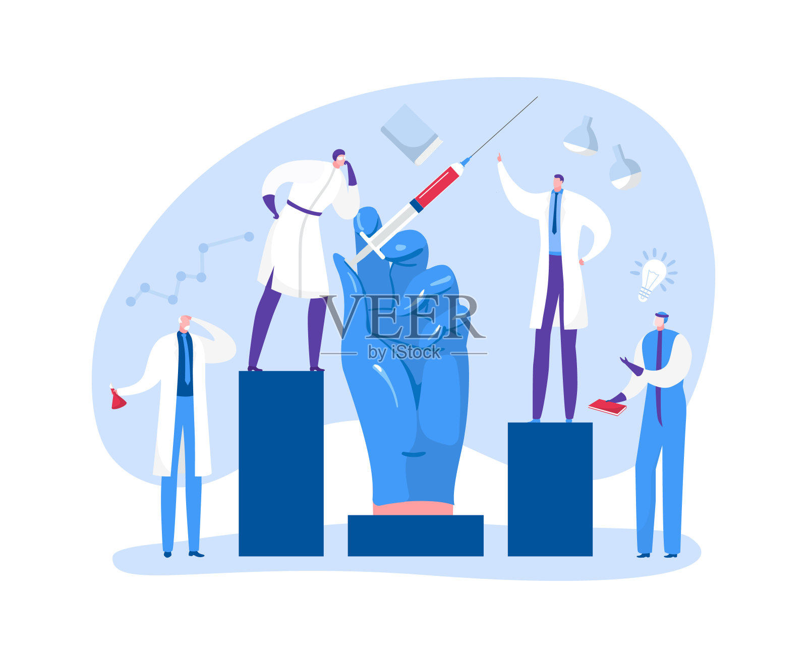 关于疫苗载体说明的医学、科学研究。男女性格在实验室对抗病毒的概念。科学家开发的疫苗插画图片素材