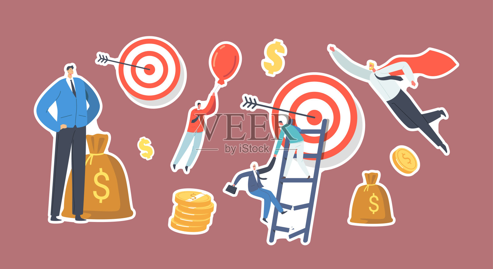 一套贴纸商业人物克服障碍主题。商人爬断梯子达到目标插画图片素材