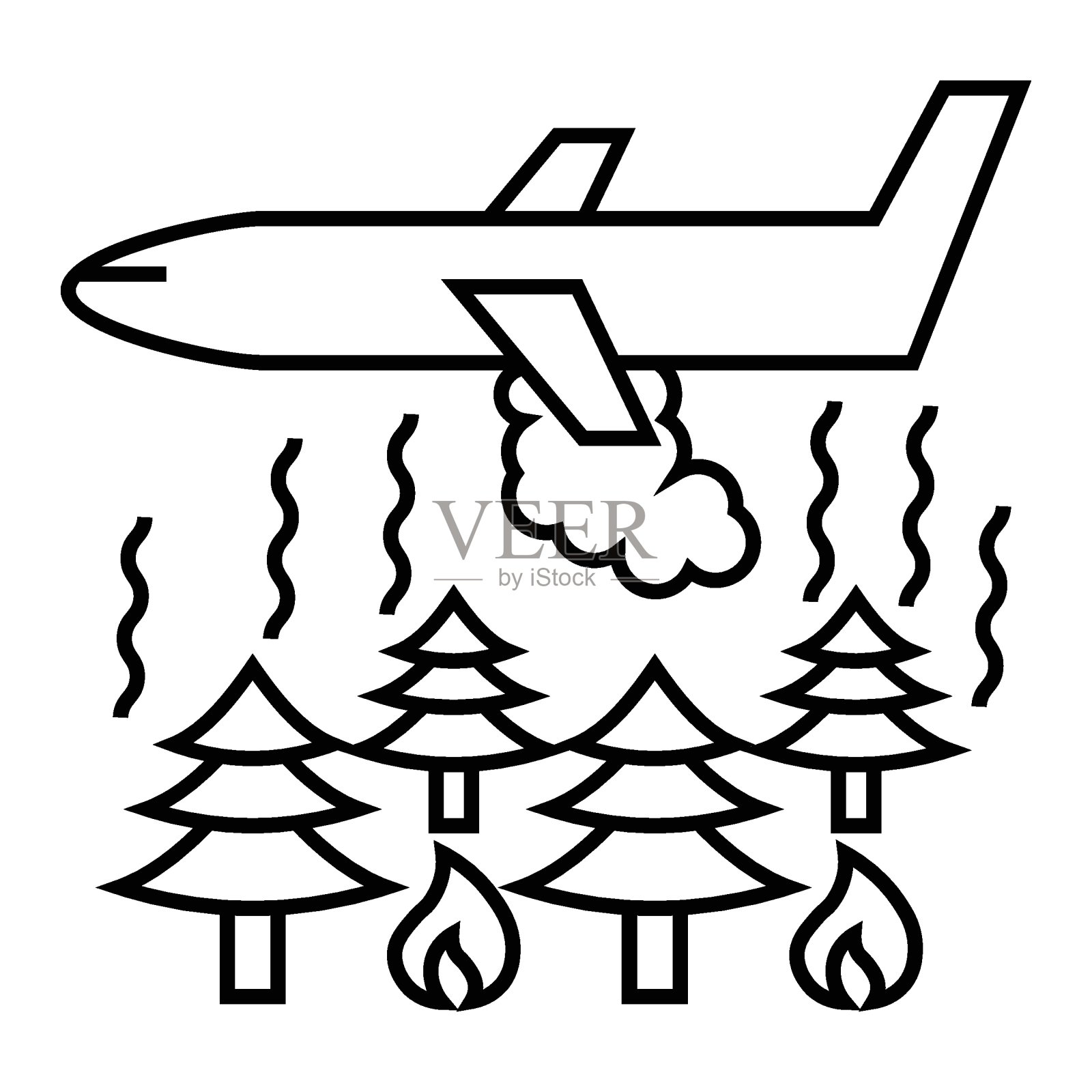 消防飞机在燃烧的森林上空洒水。空中灭火和野火概念矢量图标设计插画图片素材