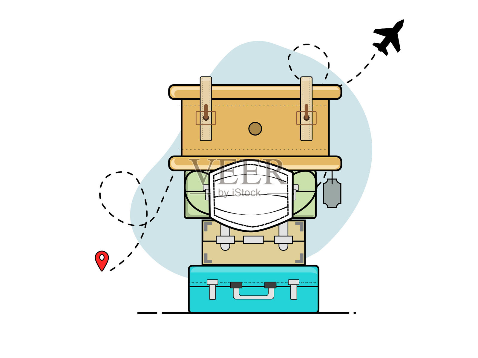 21、安全出行理念,戴口罩。一套不同大小和形状的旅行箱,带有从一处到另一处的旅行路线插画图片素材