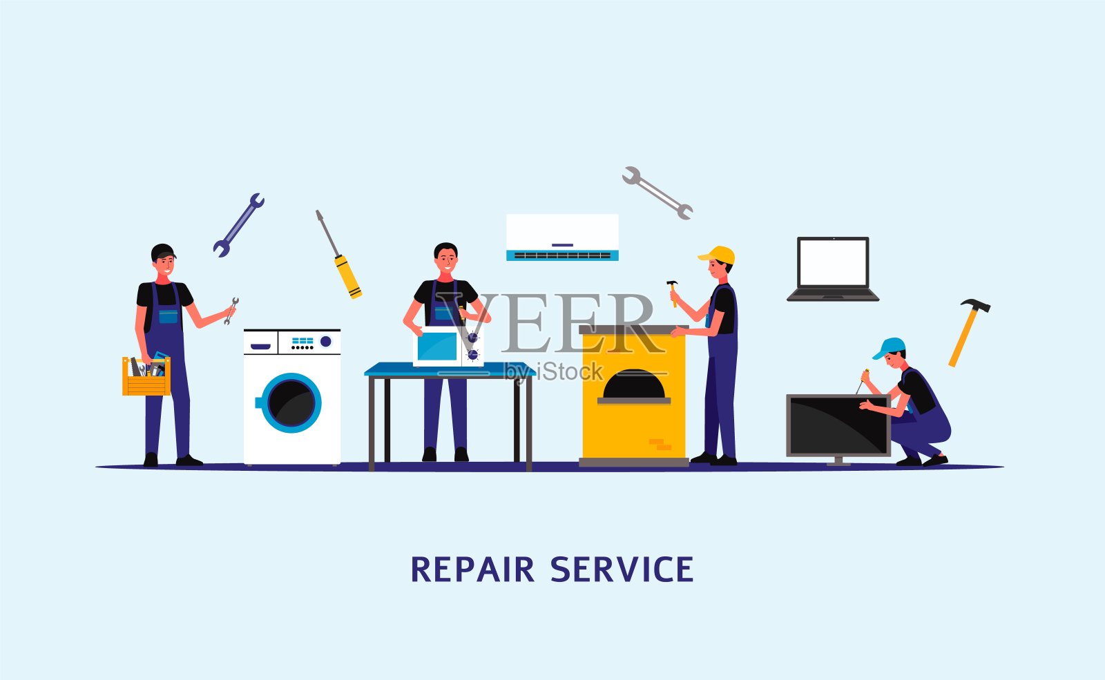 维修服务标语-家用电器工人维修插画图片素材