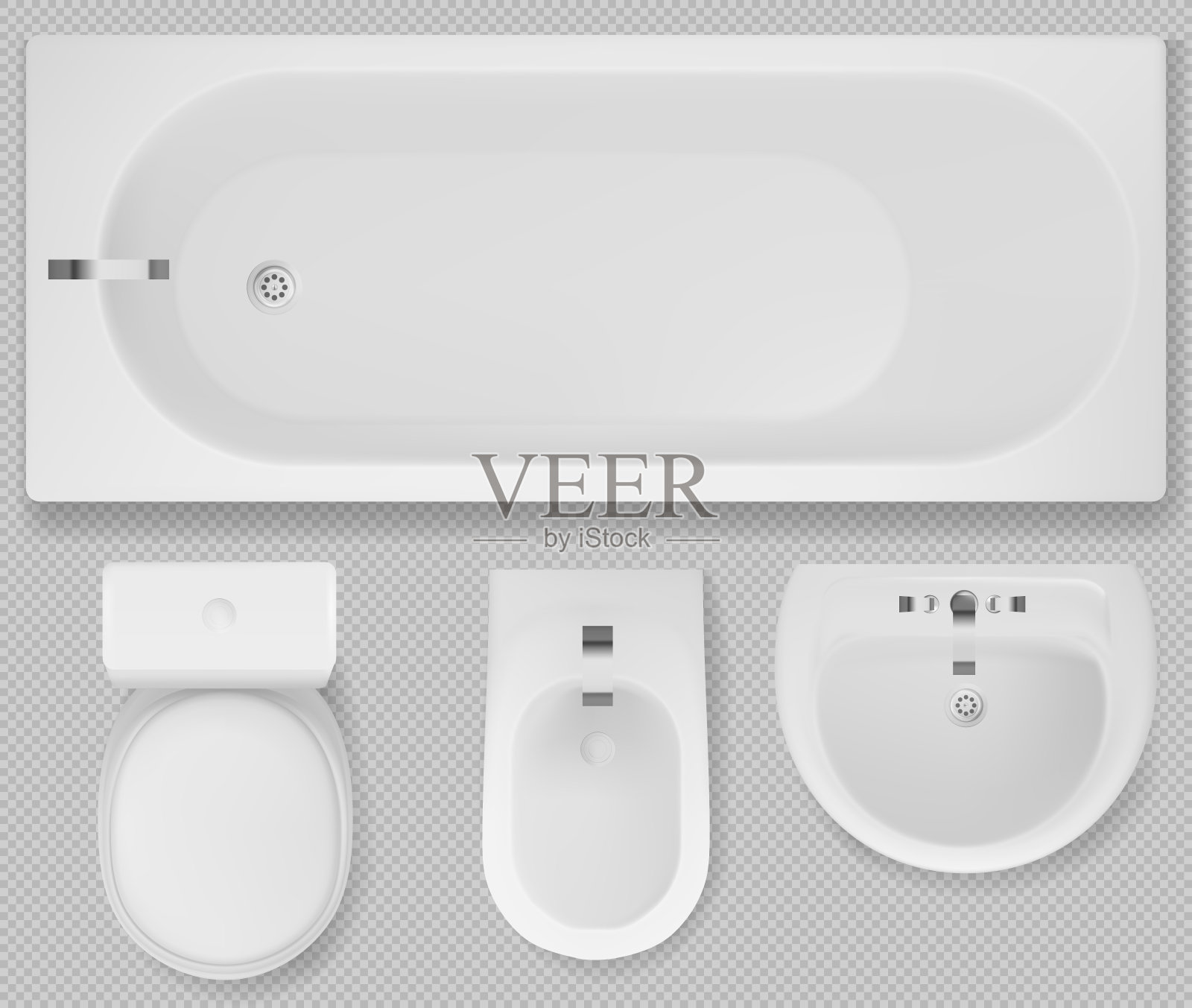 抽水马桶,浴缸,水槽和坐浴盆俯视图插画图片素材