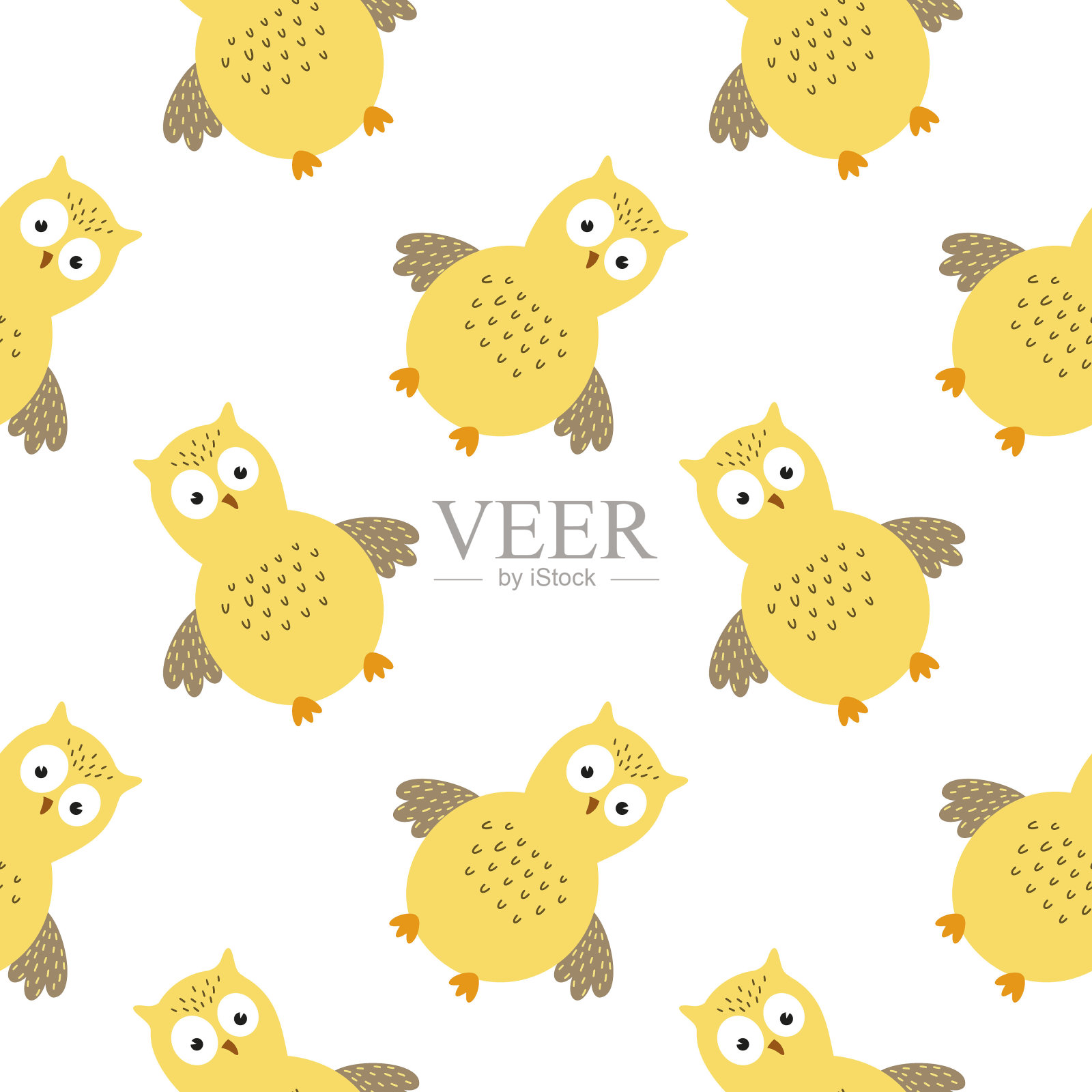 一个可爱的黄色猫头鹰无缝图案。用于缝制童装,印刷在织物和包装纸上。插画图片素材