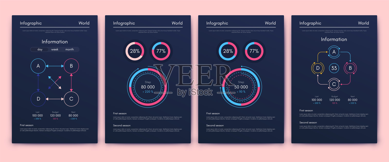 商业手册的现代信息图表向量元素。用于网站,公司宣传册,广告和市场营销。饼图,折线图,条形图和时间线。插画图片素材