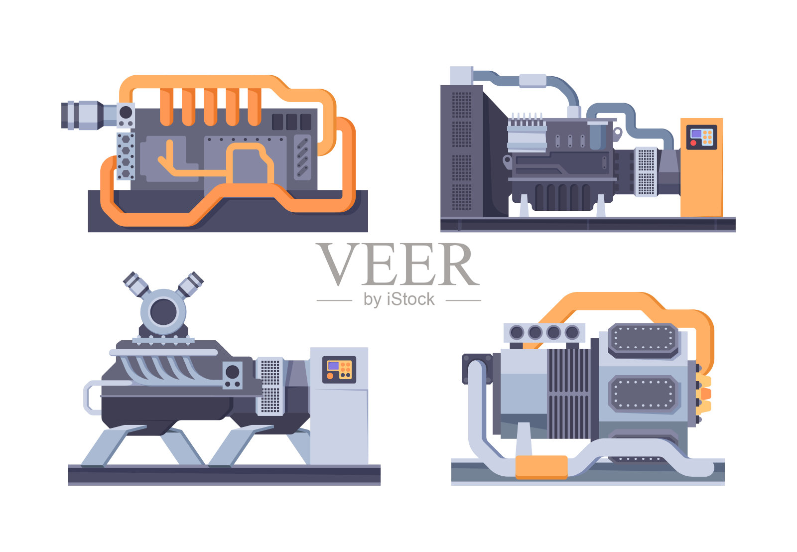 工业发电机。钢油罐为气球型维修发电机提供电力,花哨的矢量平板机插画图片素材