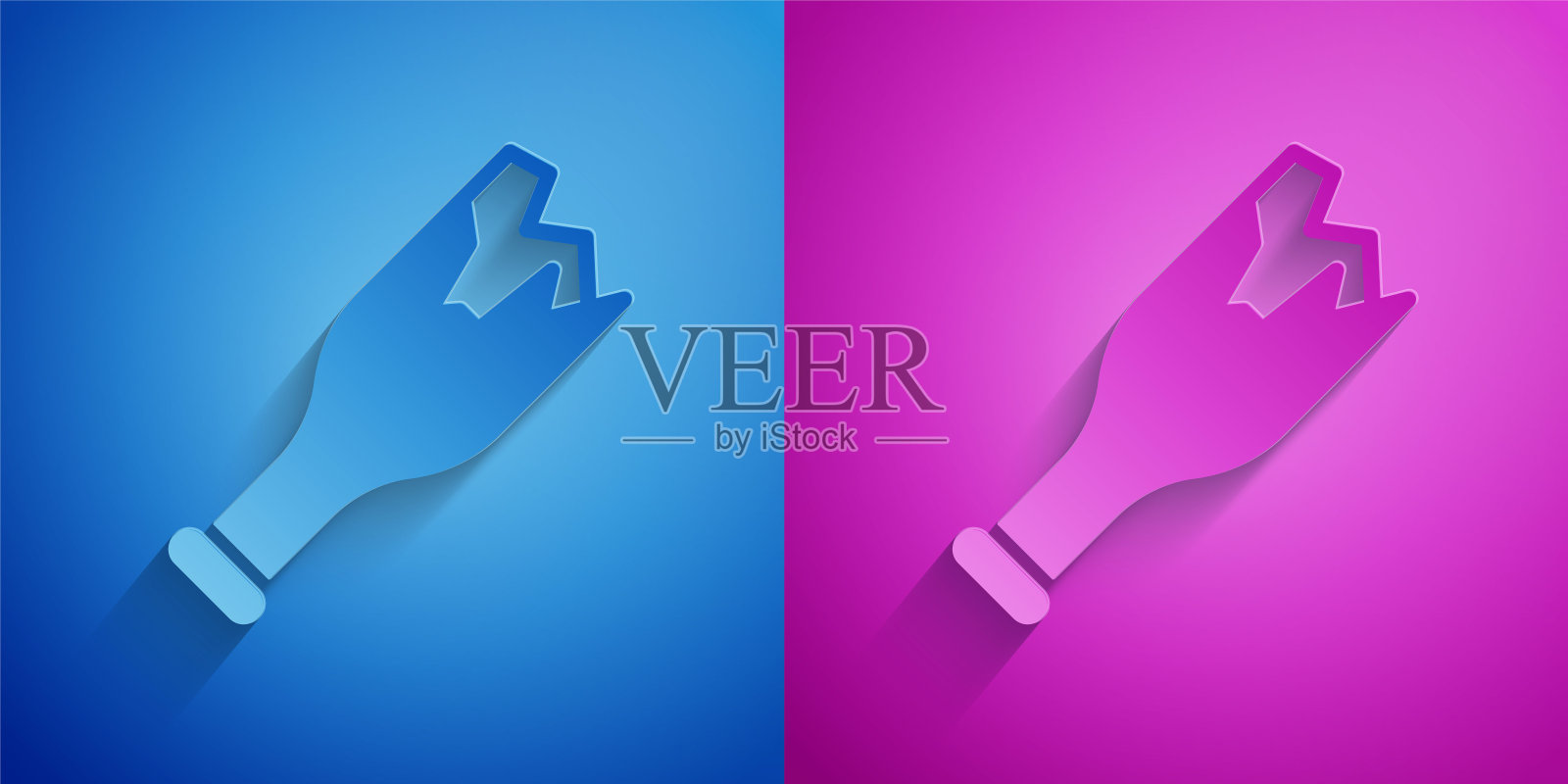 纸割破的瓶子作为武器图标孤立在蓝色和紫色背景。纸艺术风格。向量插画图片素材