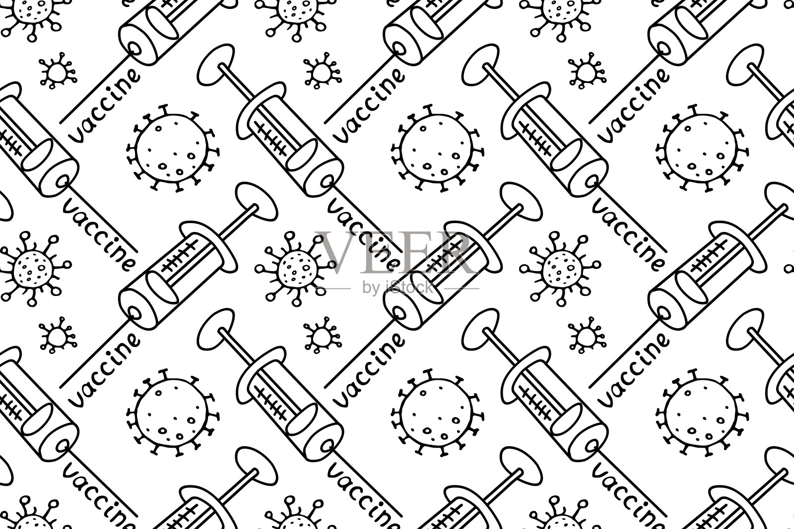 病媒无缝模式的主题接种。轮廓分子,冠状病毒细胞和疫苗注射器。医学背景和纹理在涂鸦风格插画图片素材
