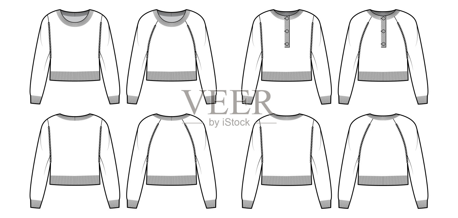 套裁剪圆亨利领毛衣技术时尚插图与插肩袖,腰长,针织修剪插画图片素材