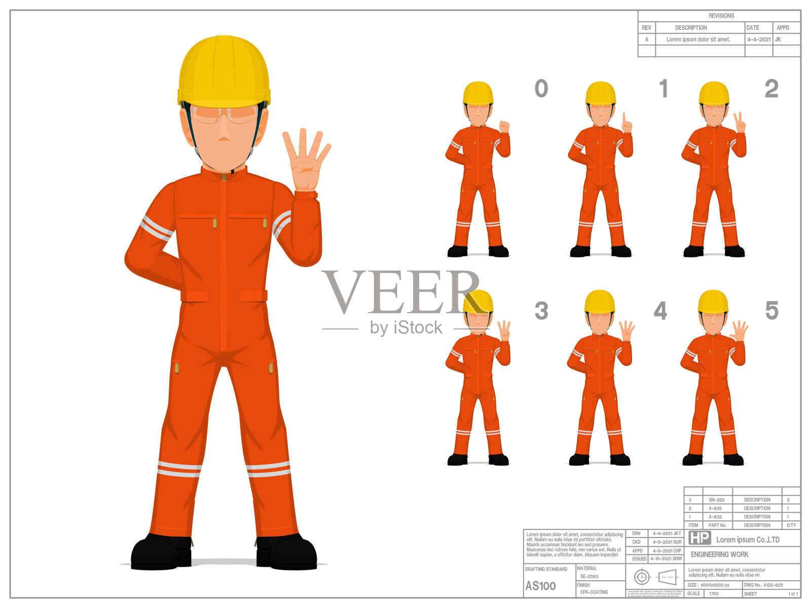 产业工人组在白色背景上0-5举手插画图片素材