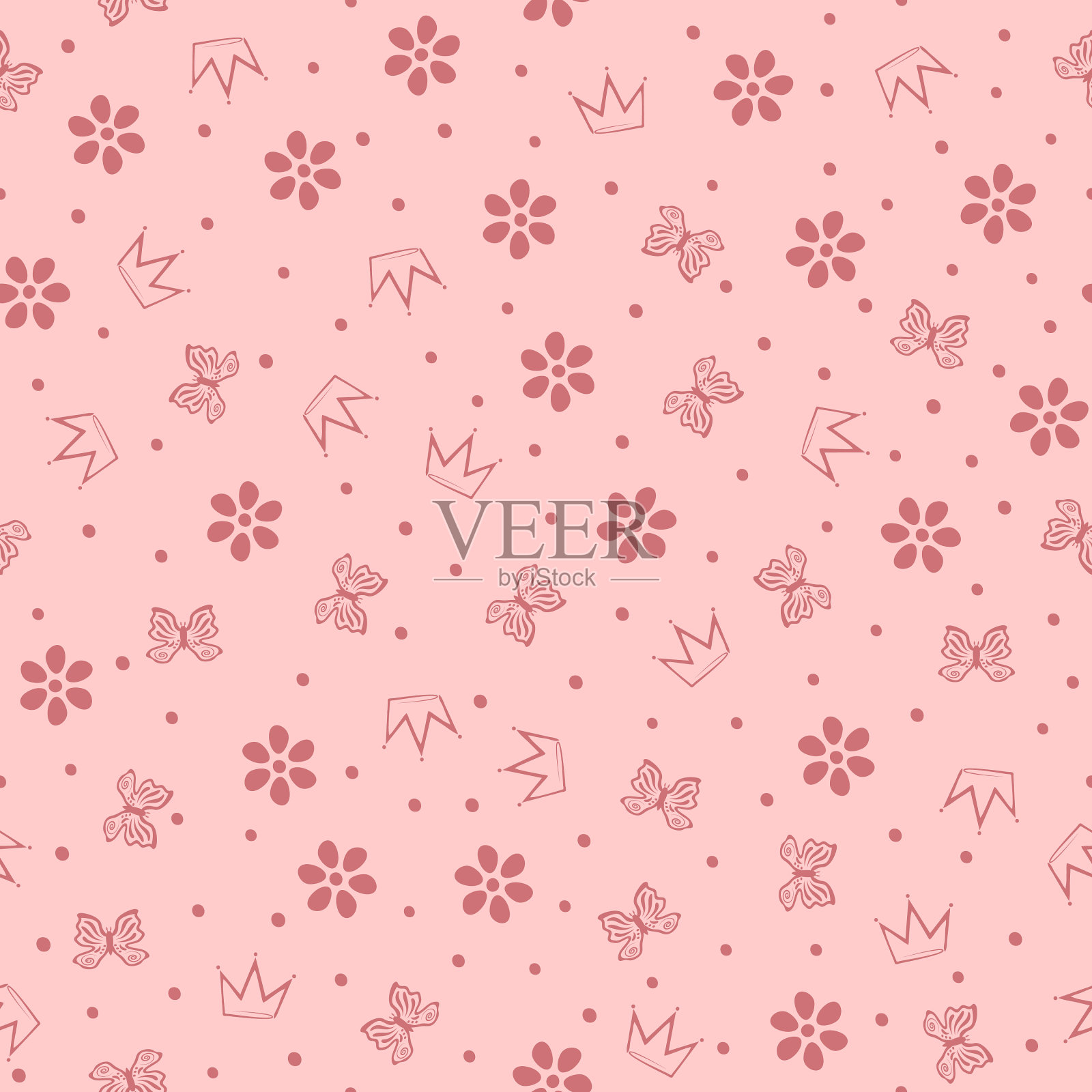 花、蝴蝶、花冠和小圆点插画图片素材