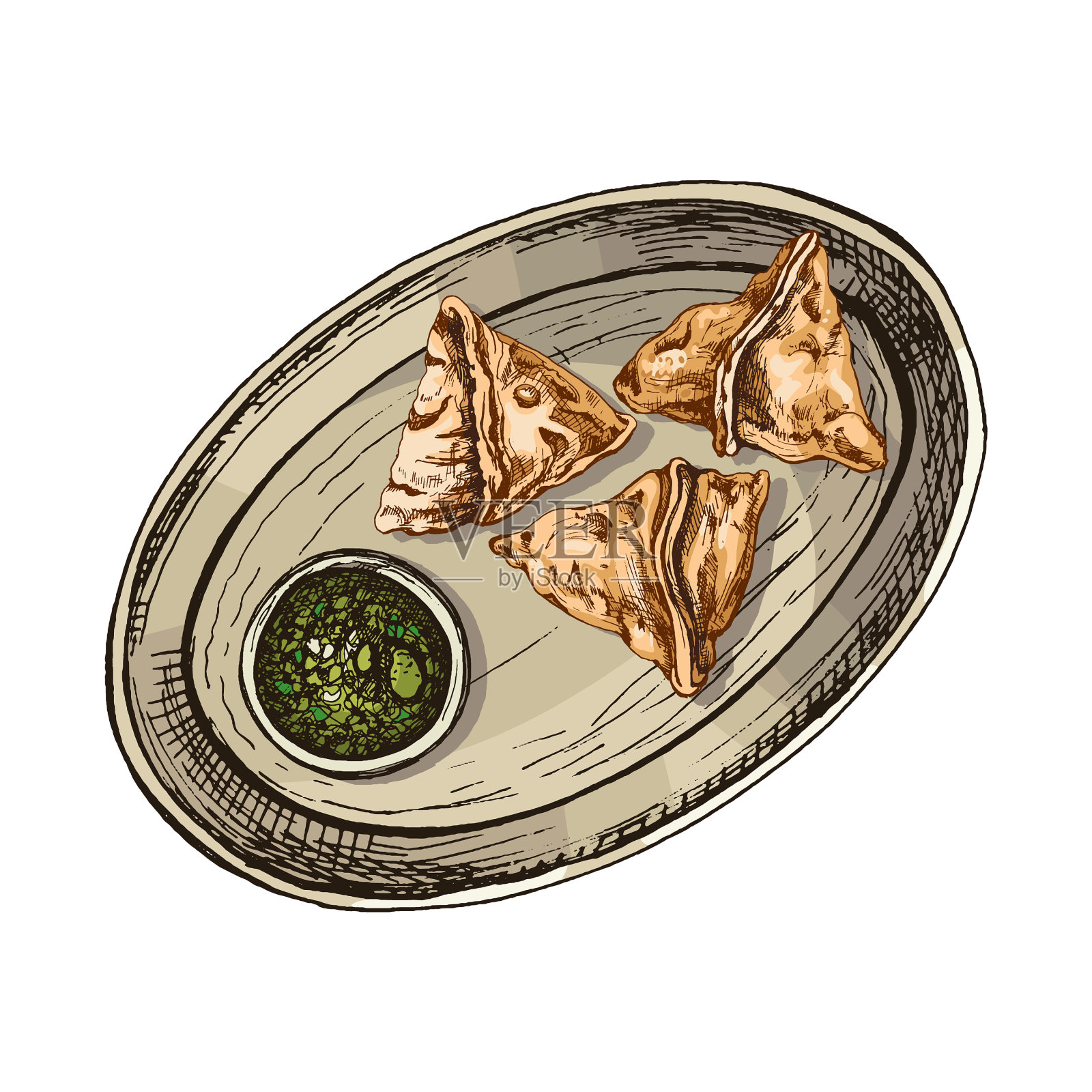 船上的萨莫萨和酱汁装在碗里的印度食物设计元素图片