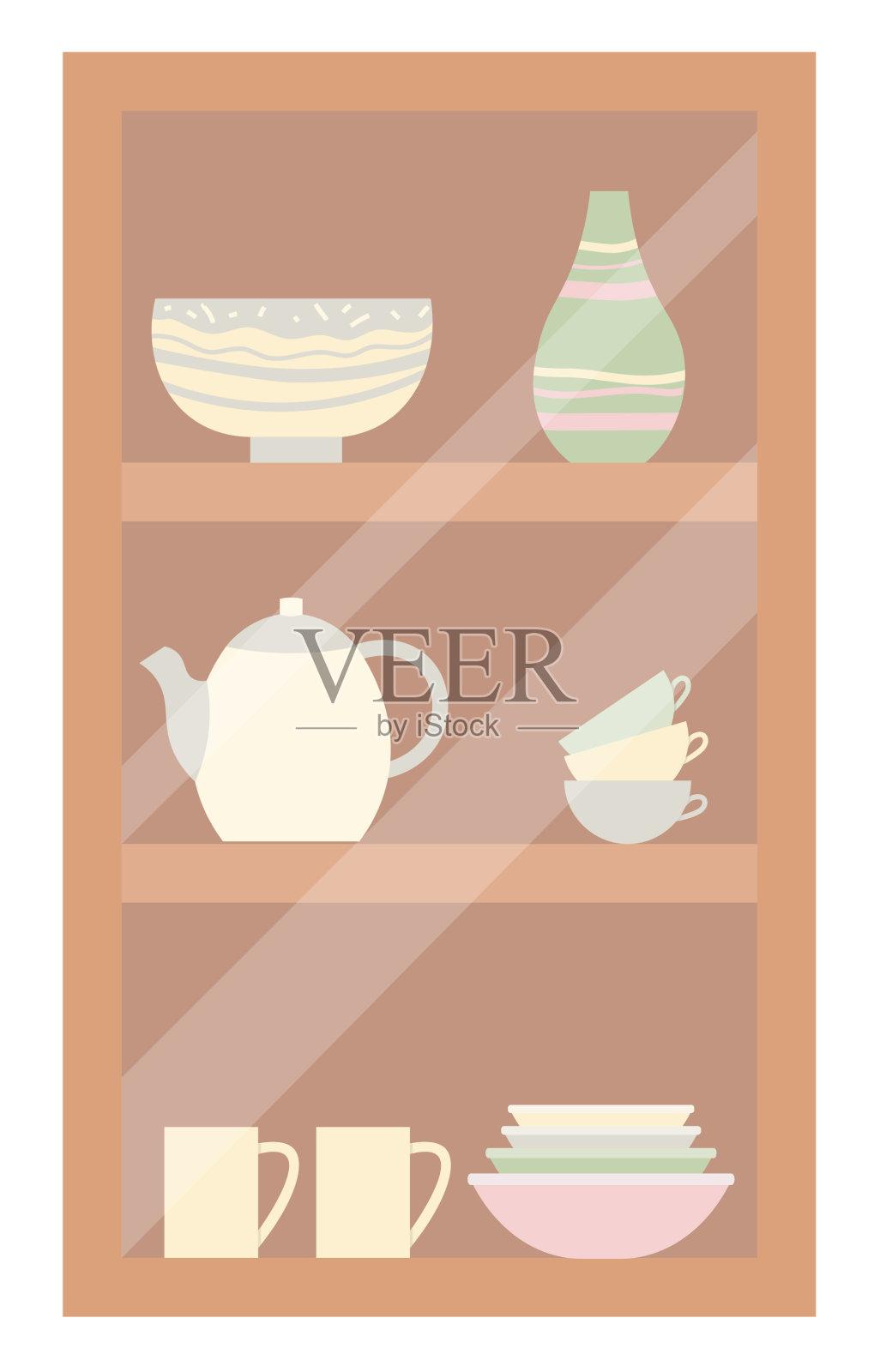 有花瓶、茶壶、碗和盘子的橱柜插画图片素材