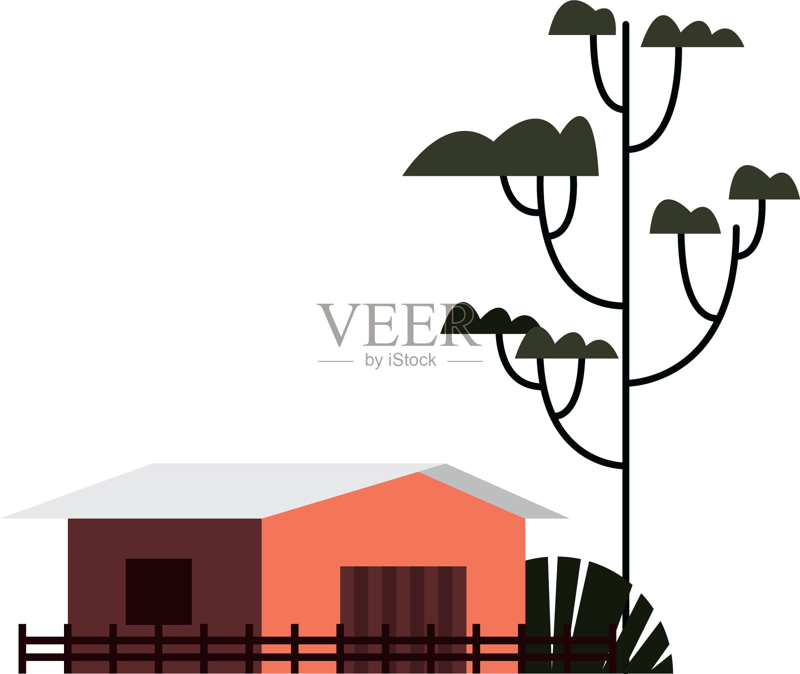 农场马厩建筑外立面有树木植物设计元素图片