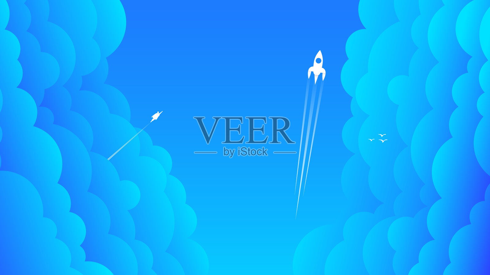 蓝云天空和小火箭剪影矢量插图。插画图片素材