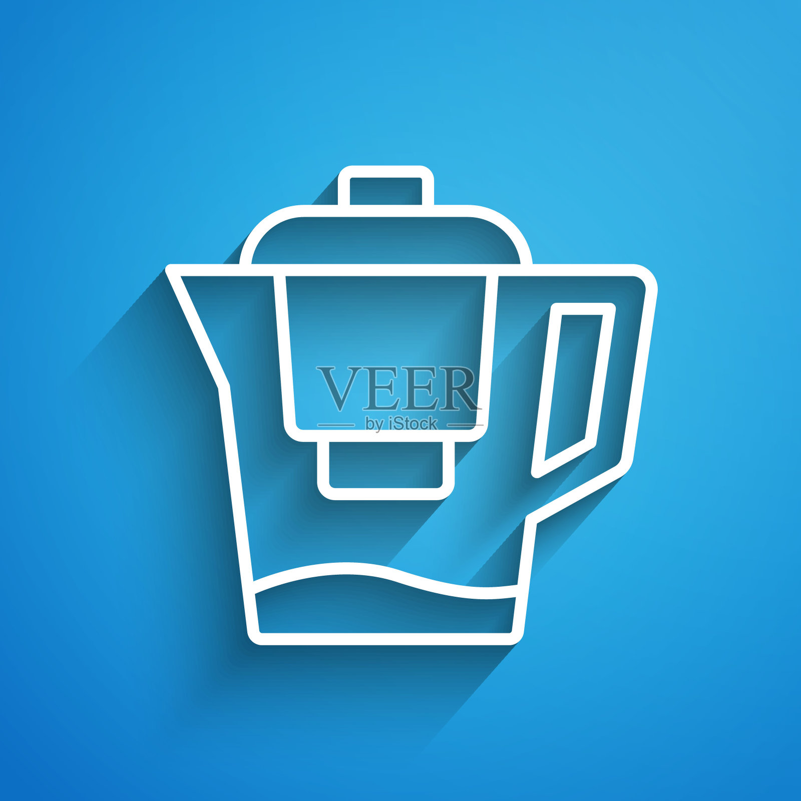 白色线水罐与过滤器图标隔离在蓝色背景。长长的阴影。向量插画图片素材