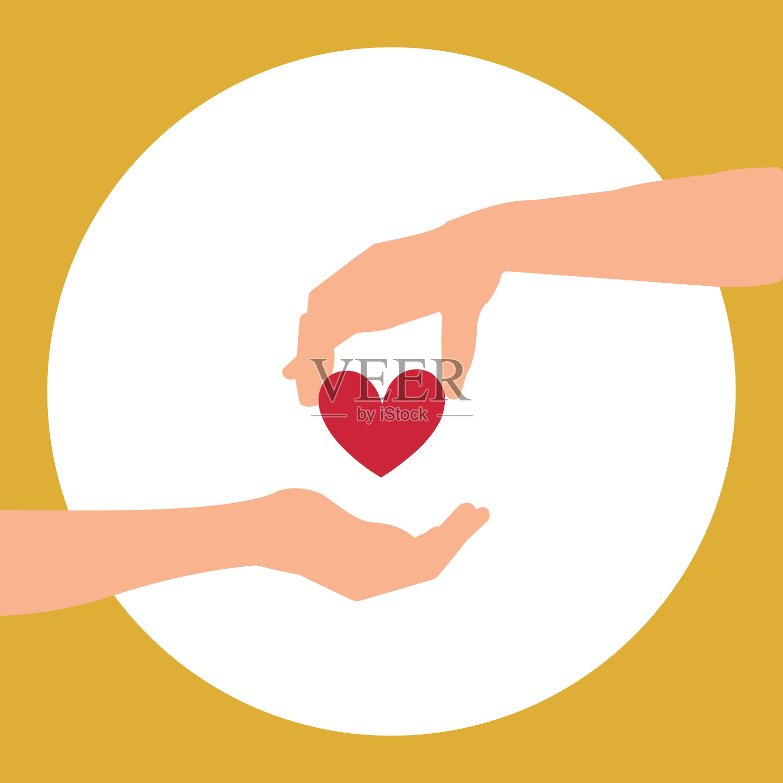 慈善捐赠用心。一个人分享金钱、时间、健康。明信片的设计,以资助手给予心和手接受。插画图片素材