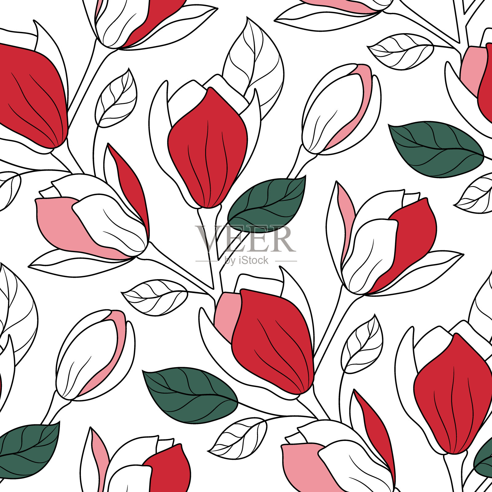 花卉无缝模式。美丽的木兰花背景。现代装饰与盛开的木兰花。插画图片素材