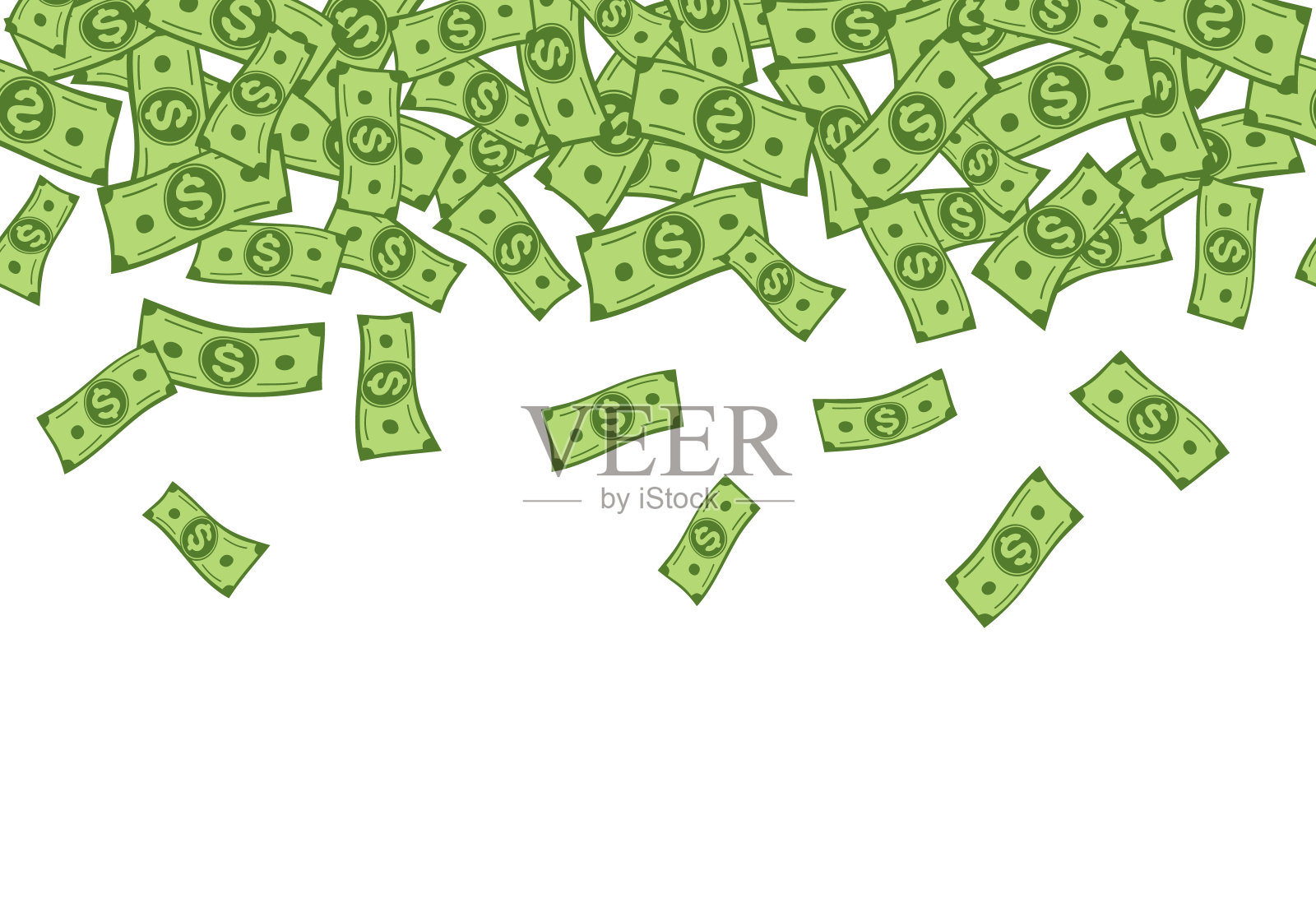 金钱雨。飘落的美钞无缝矢量边界,卡通钞票五彩纸屑。银行、投资和金融矢量背景插画图片素材