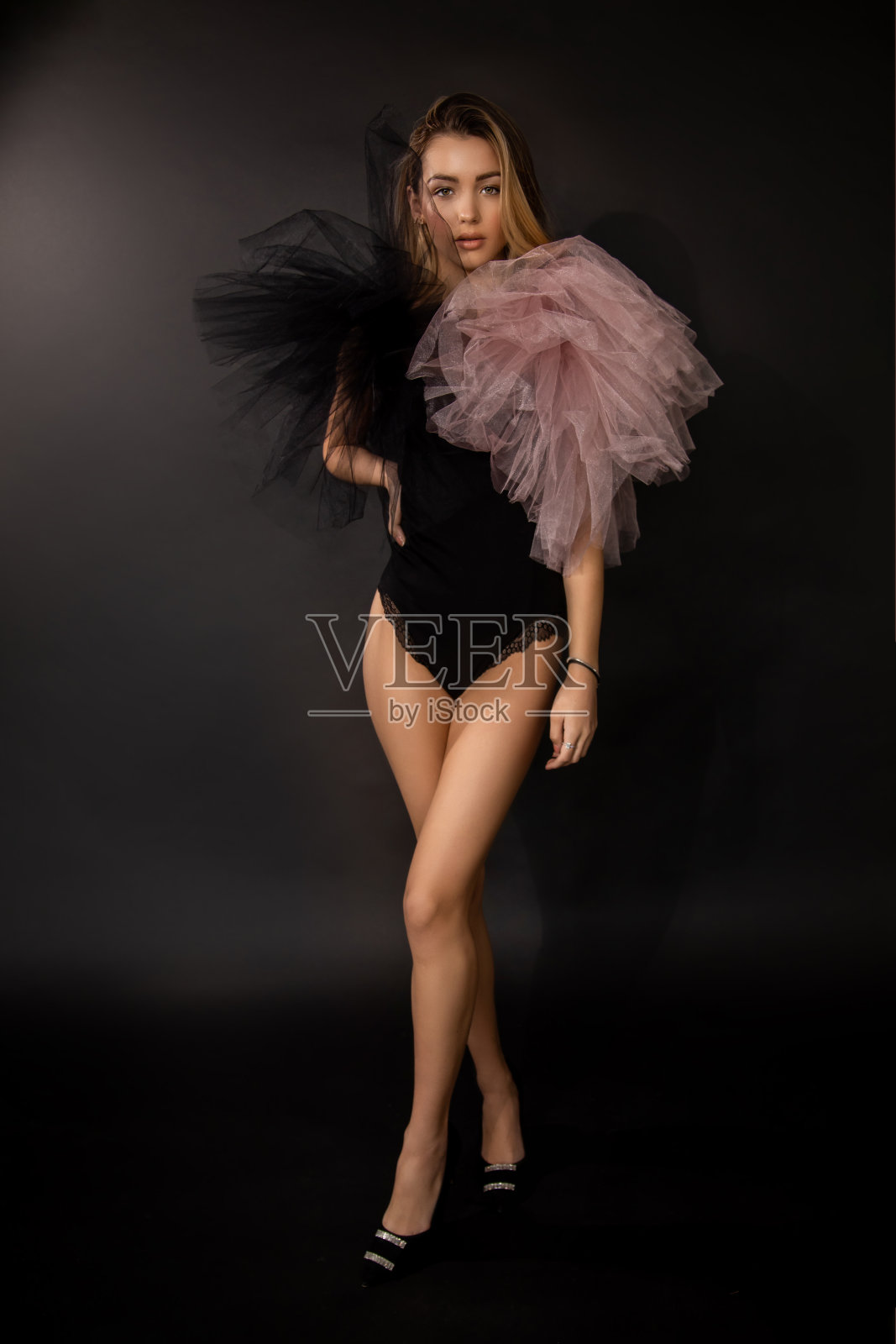 漂亮的年轻女人,完美的身材穿着黑色条纹的紧身衣。时装模特全身照片身体工作室肖像在黑色的背景照片摄影图片