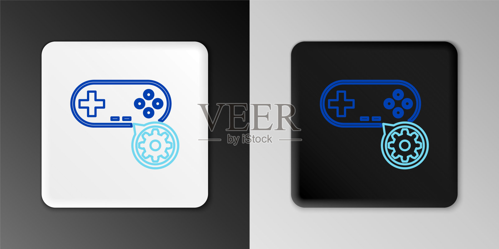 游戏手柄和齿轮图标隔离在灰色背景上。调整app,服务理念,设置选项,维护,维修,固定。色彩斑斓的轮廓的概念。向量图标素材