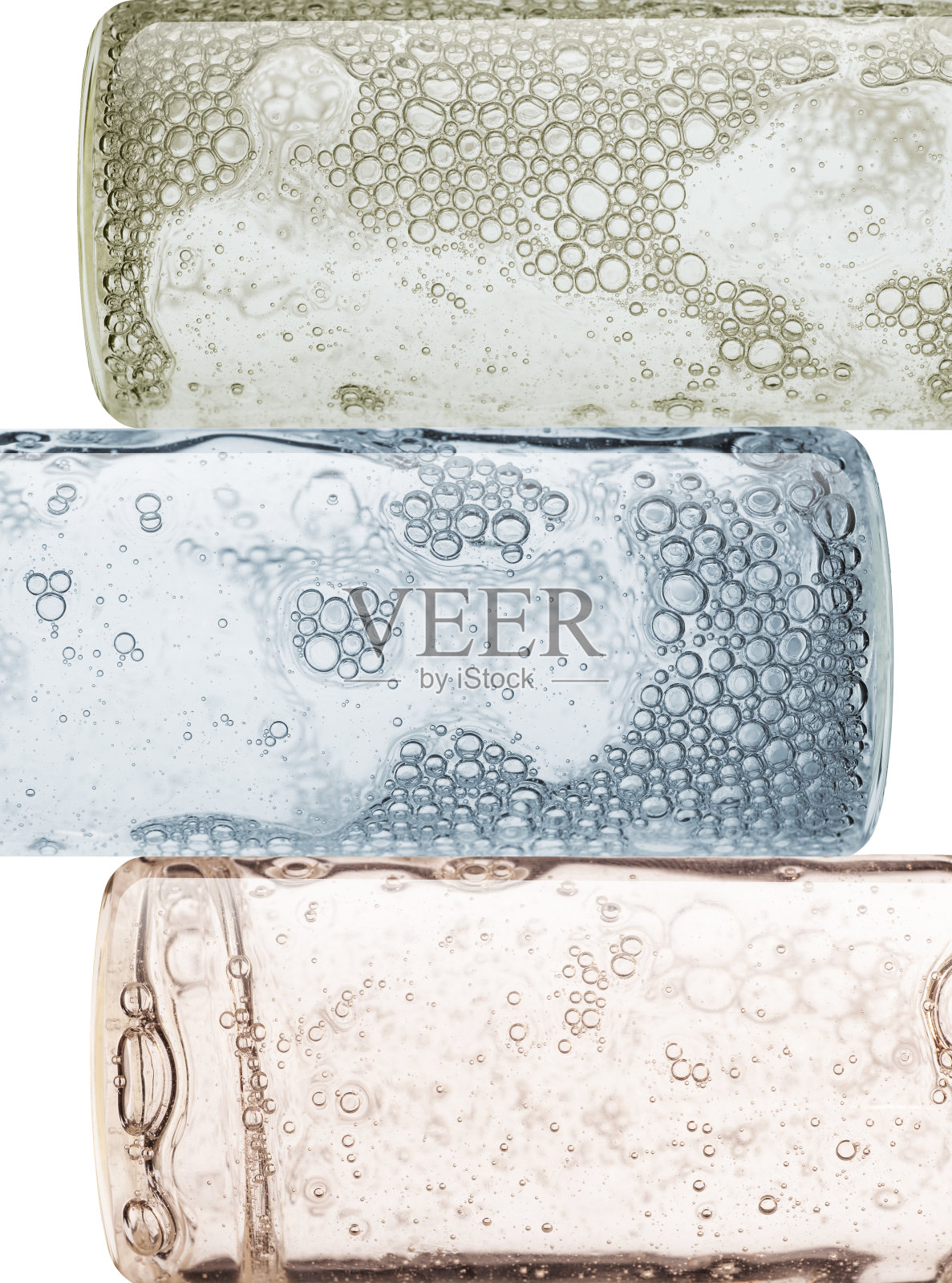 玻璃圆筒容器液体绿松石绿色,黄色,米黄色,橙色,紫色,粉红色,冷蓝色凝胶或油精华血清乳剂,白色和多色孤立背景照片摄影图片