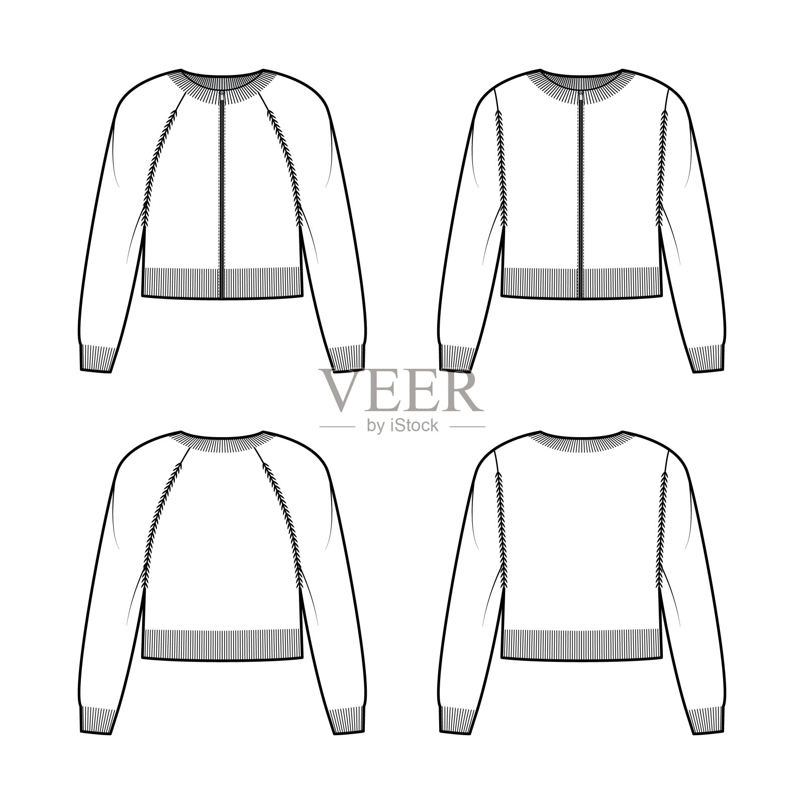 一套拉链羊毛衫裁剪技术时尚插图与罗纹圆领,针织装饰,口袋插画图片素材