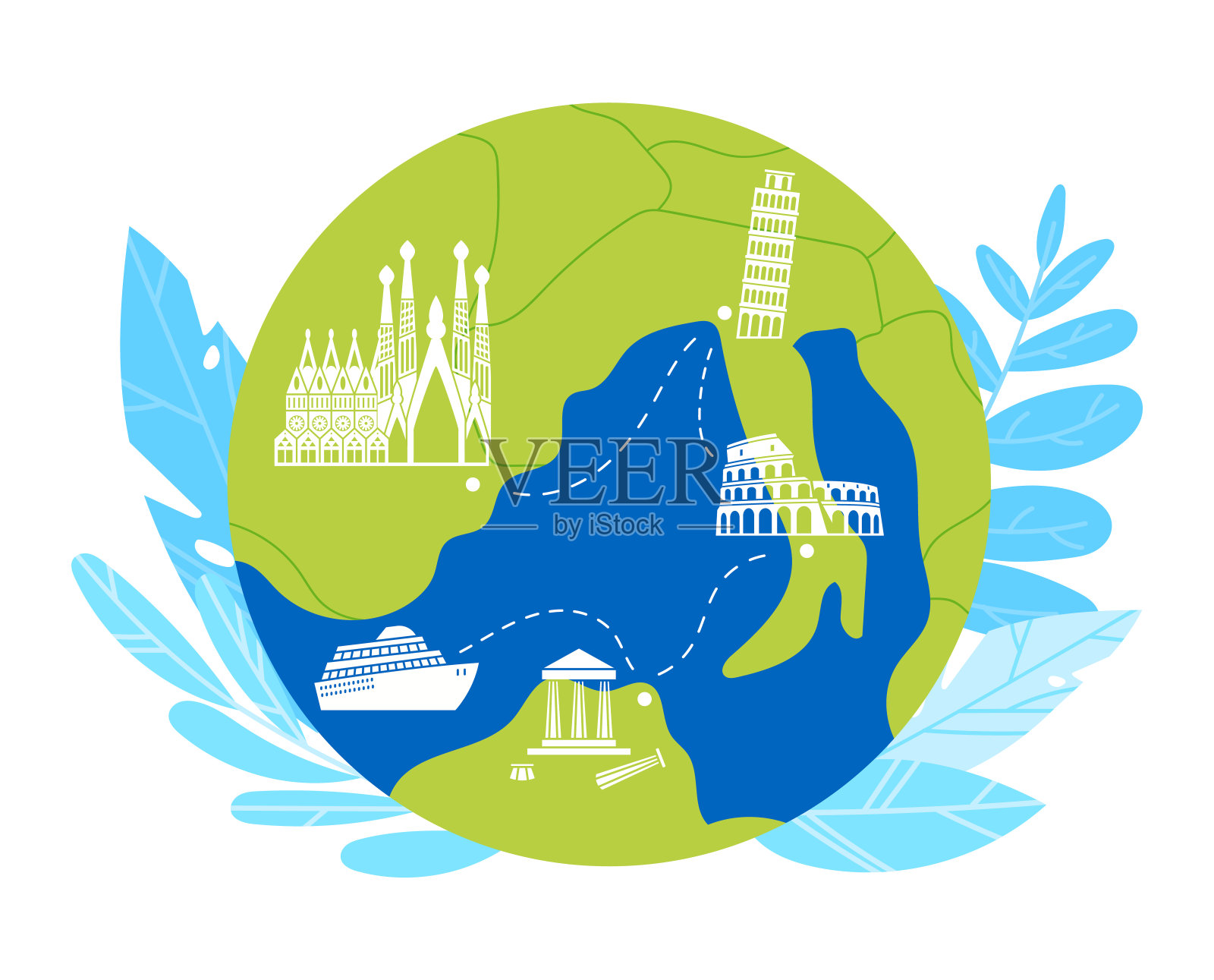 时间旅行。环球旅行者,游轮旅游,旅行异国情调的地方,平面风格矢量插图,孤立在白色。插画图片素材