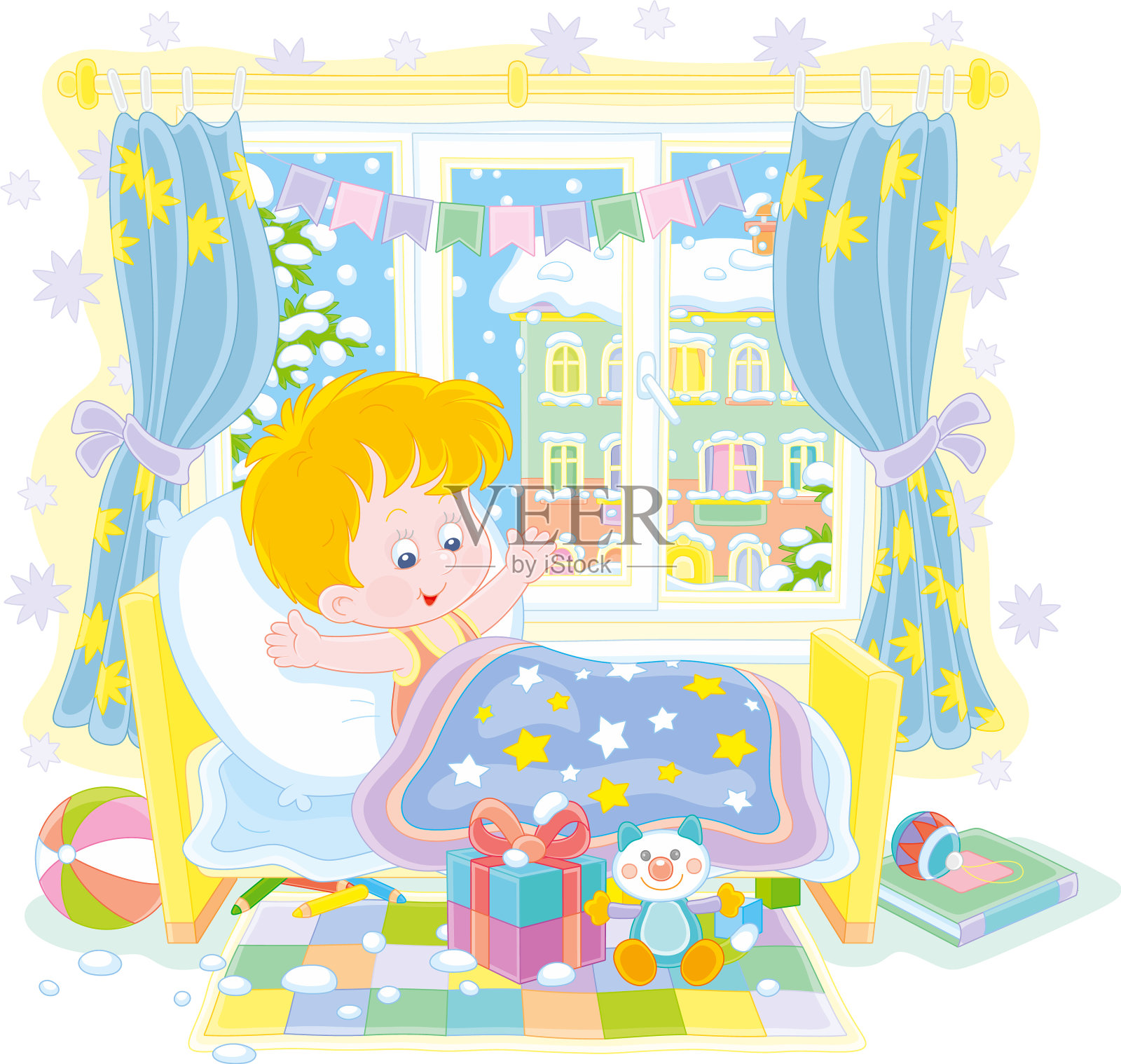 快乐的小男孩带着节日礼物在托儿所设计元素图片