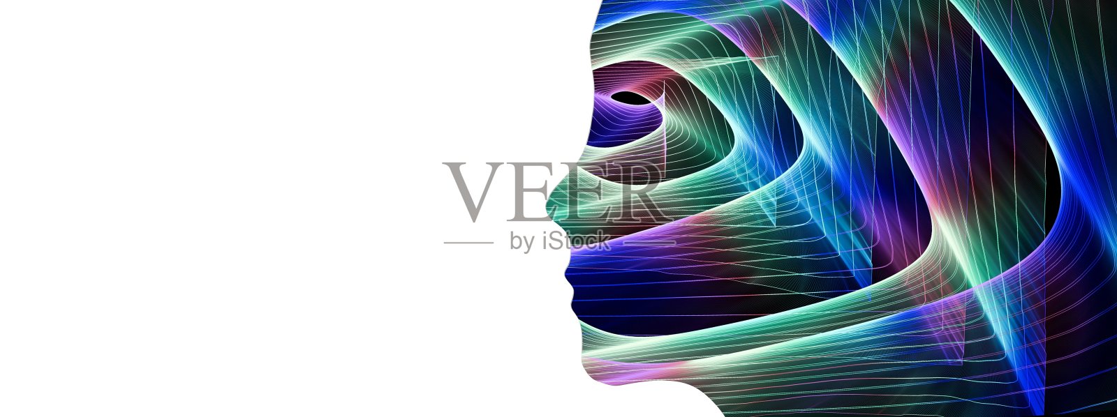 三维插图的一个女人的侧面绘制与色彩斑斓的线条的光照片摄影图片