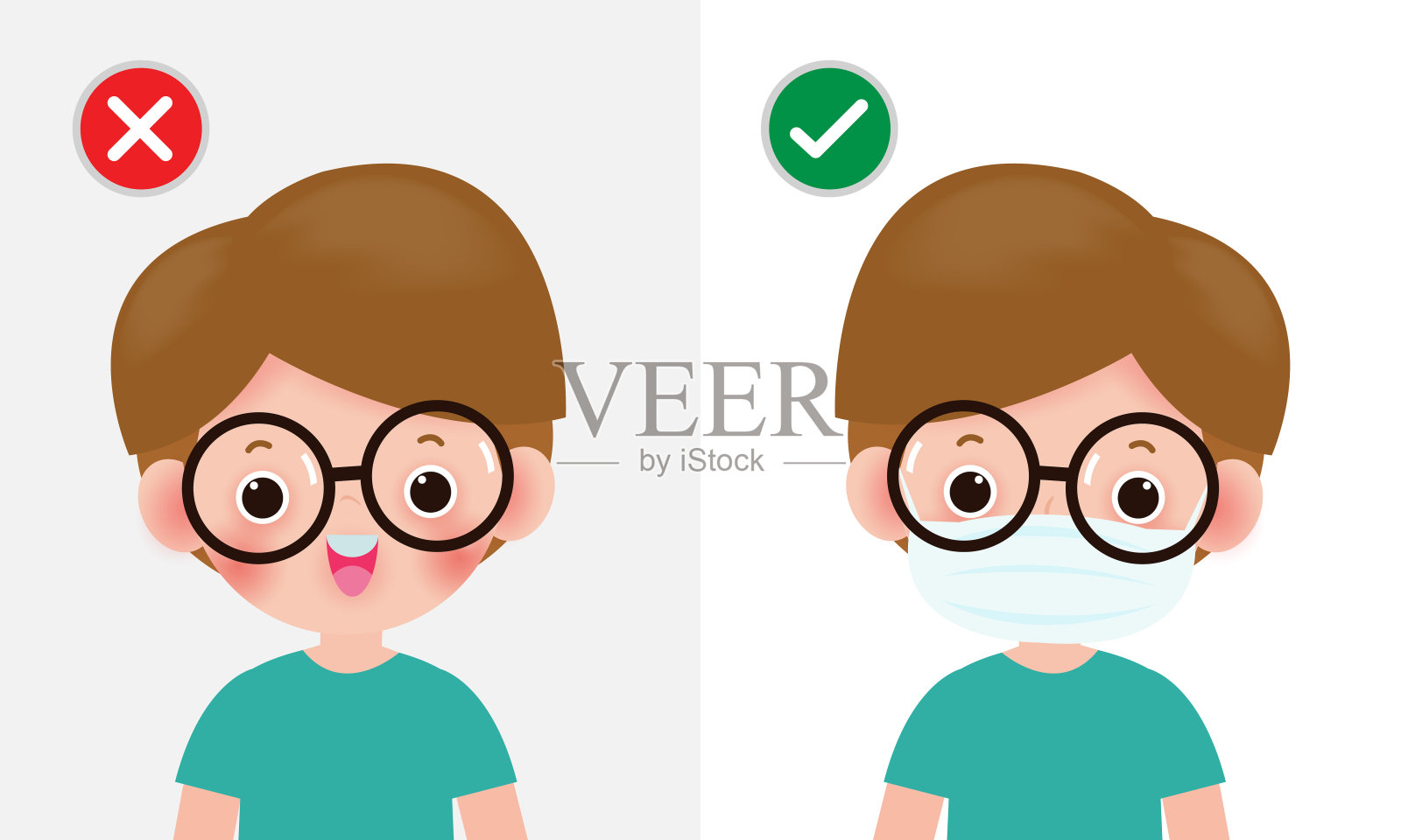 儿童标记防护无口罩禁止进入或戴口罩图标,是否标志与儿童戴或不戴口罩是正确的和不正确的,隔离在白色背景矢量插图上插画图片素材