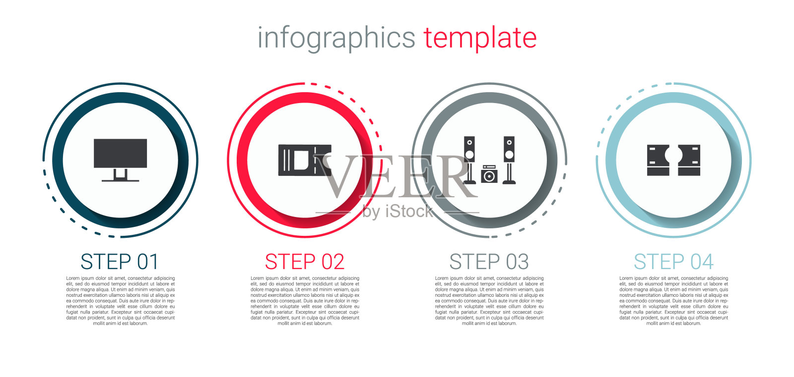 集智能电视,电影票,家用音响两个扬声器和叠纸钱现金。业务信息模板。向量设计模板素材